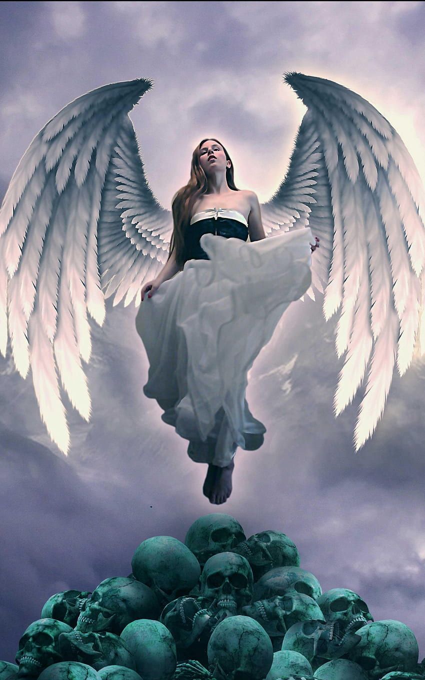 Engel, Frau, Weiße Flügel, Totenschädel, Wolken, Fantasy, HD, Handy-Hintergrundbild