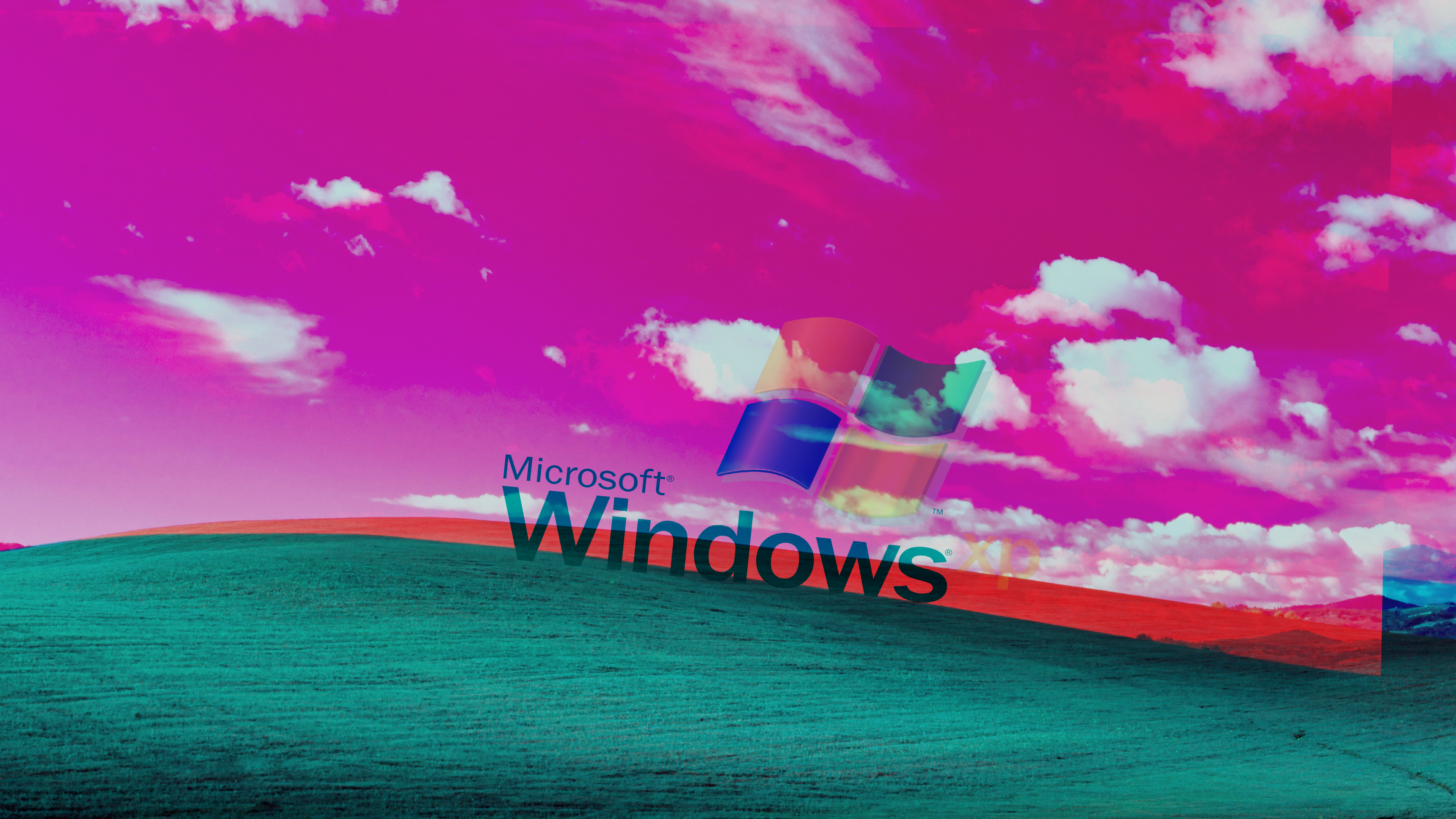 Bliss, Vaporwave, Windows-Logo, Pinker Himmel, Türkis, 4K, Hintergrundbild für den PC
