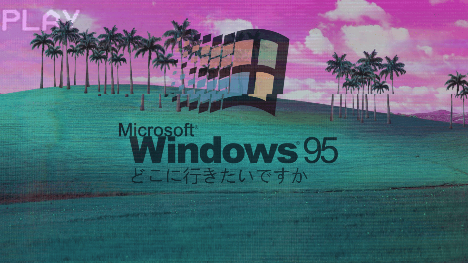 Windows 95, Bliss, Vaporwave, Palmen, Japanische Schrift, Full HD, PC-Hintergrundbild