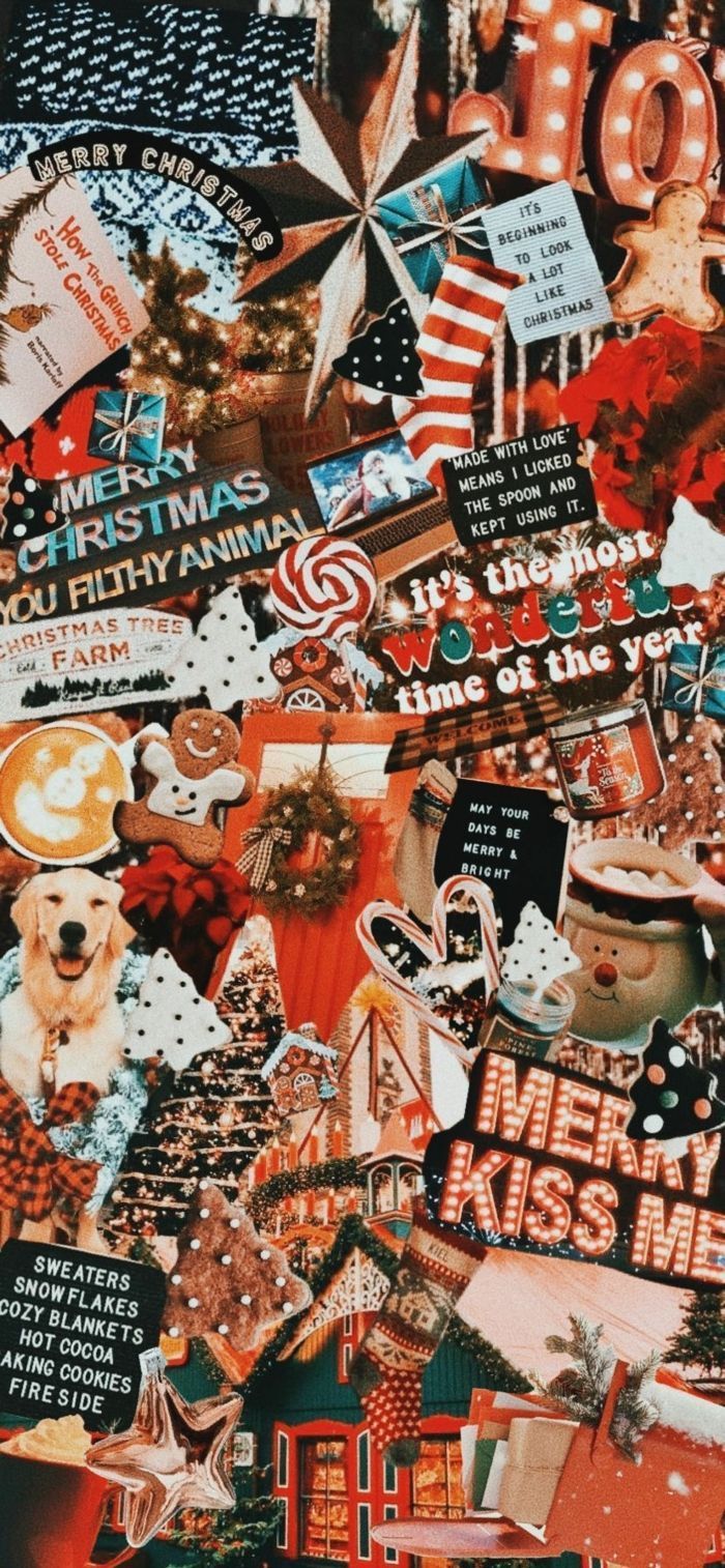 Collage, Merry Kiss Me, Rot, Aufkleber, Weihnachtszeit, Hochformat, Hintergrundbild fürs Smartphone