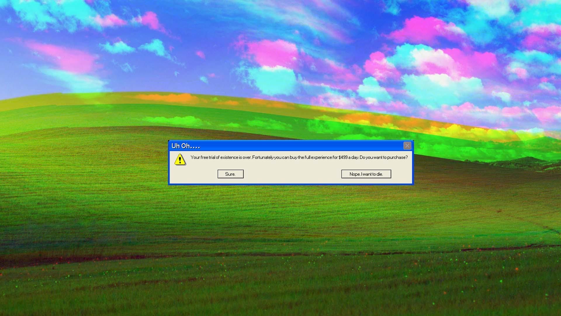 Bliss, Fehlermeldung, Glitch-Art, Regenbogenfarben, Vaporwave, 1920x1080, Desktop-Hintergrund