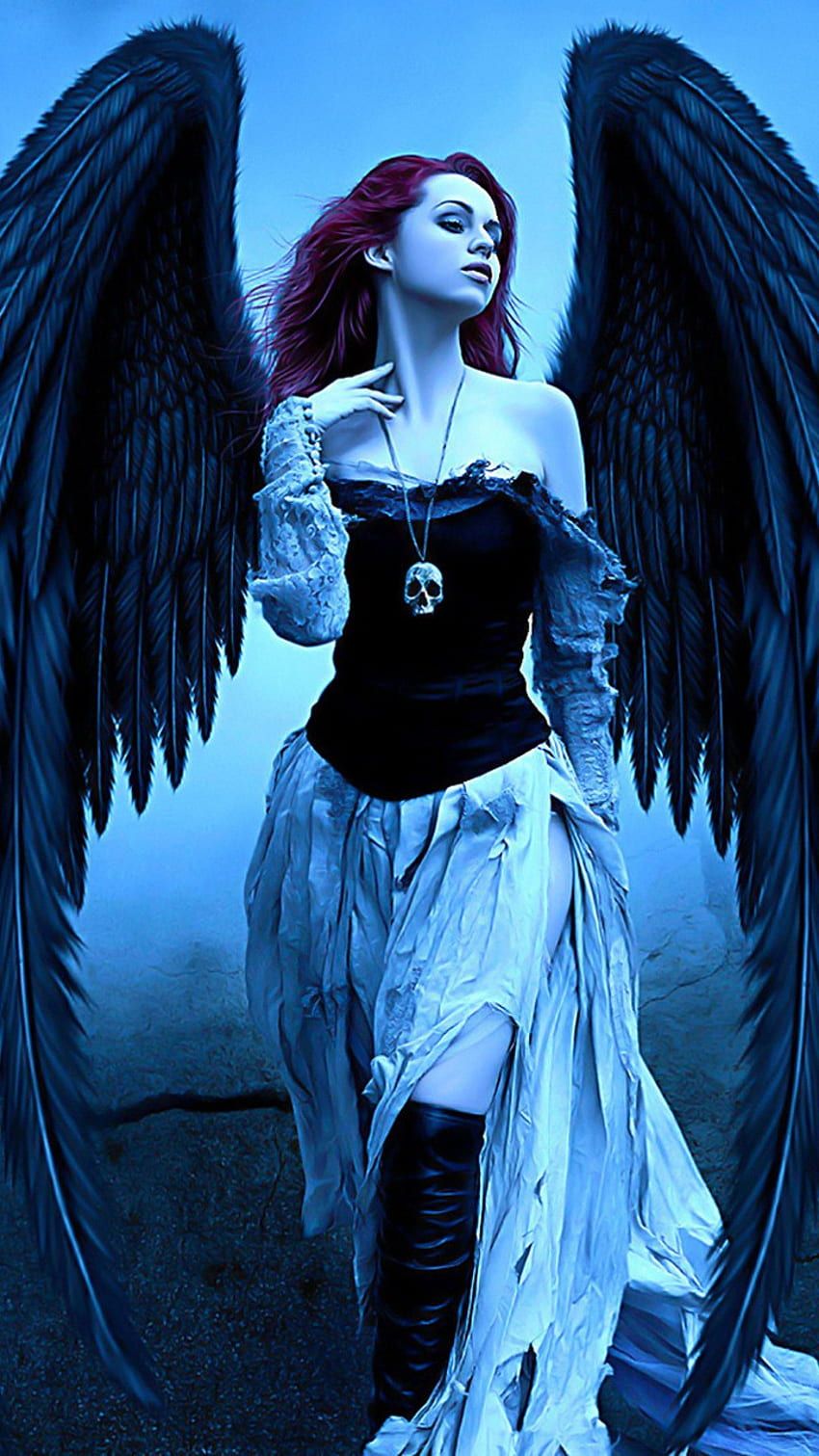 Gefallener Engel, Frau, Schwarze Flügel, Rote Haare, Gothic, HD, iPhone-Hintergrundbild