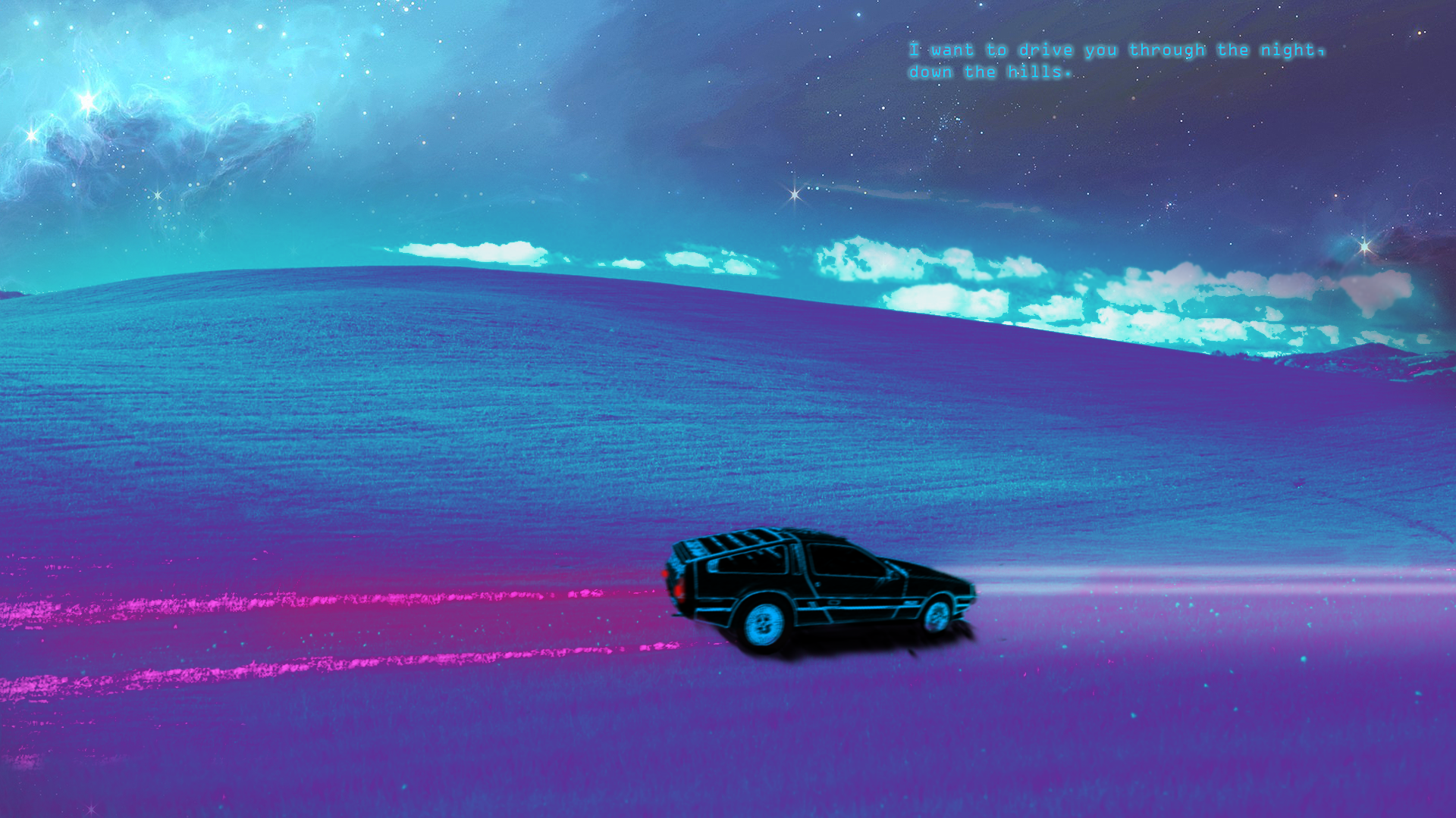 Bliss, DeLorean, Synthwave, Lichtspur, Türkis, 1920x1080, Full-HD-Hintergrundbild für PC