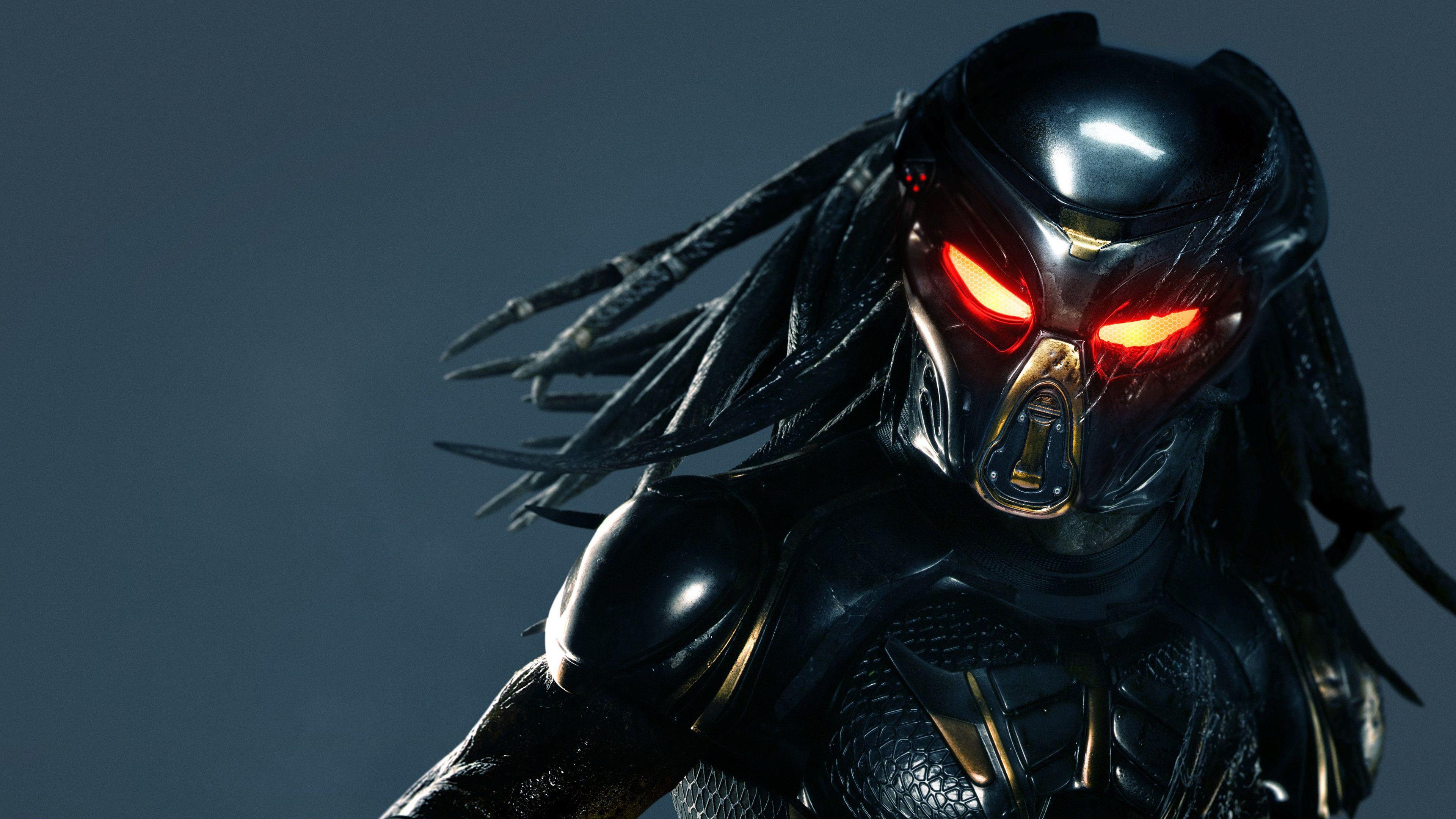 The Predator, Predator, Rot leuchtende Augen, Maske, Grauer Hintergrund, 4K Wallpaper