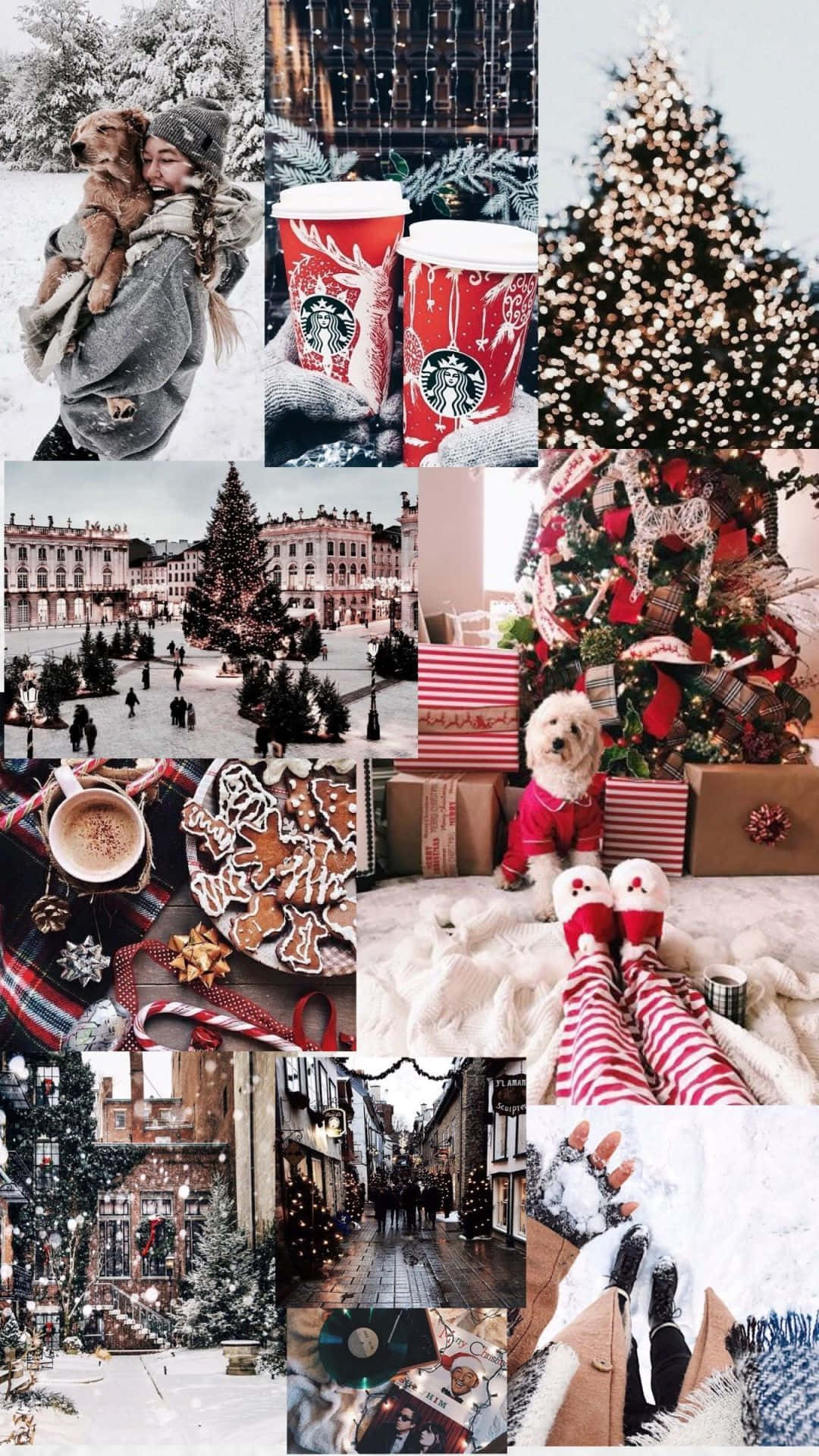 Collage, Weihnachtsbaum, Winter, Rot, Ästhetik, Full HD, Hintergrundbild fürs Handy