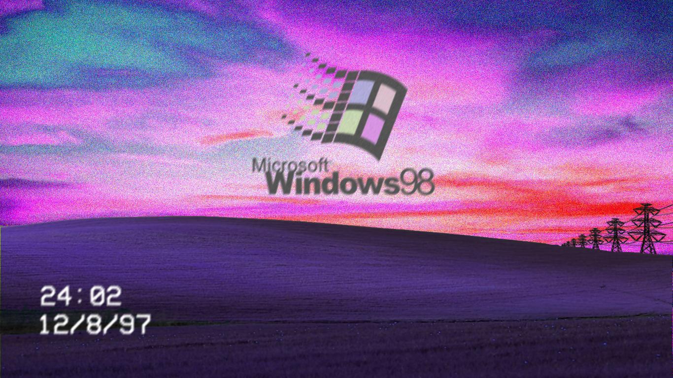 Windows 98, Vaporwave, Windows-Logo, Bliss, Lila Himmel, VHS, HD, PC-Hintergrundbild