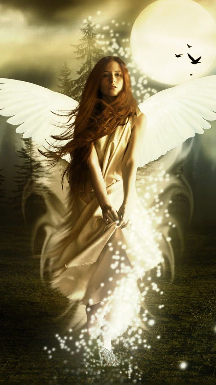 Engel, Frau, Goldenes Licht, Mond, Fantasy, HD, Hintergrundbild fürs Handy