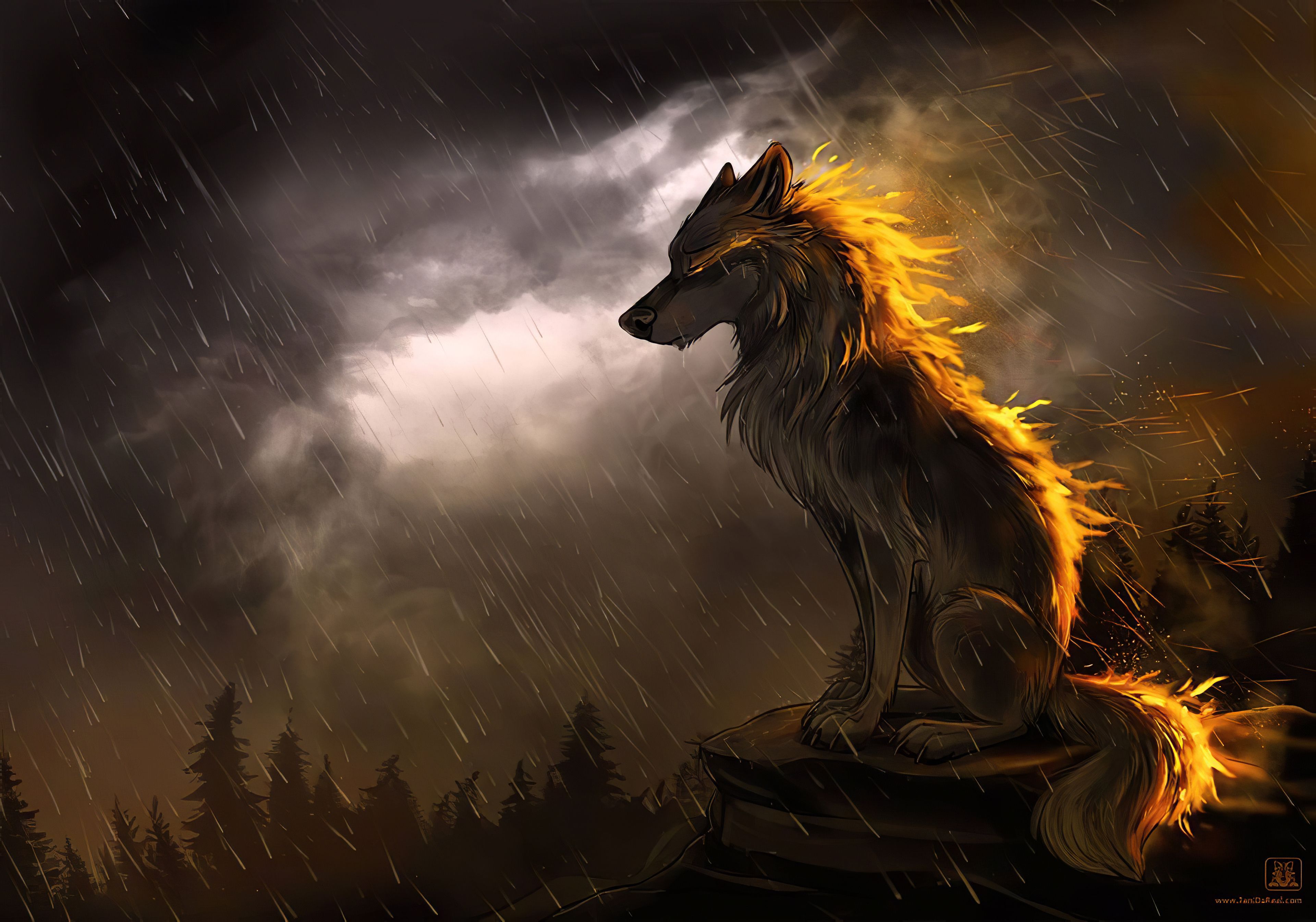 Wolf, Gewitter, Fantasy, Glühendes Fell, Dunkle Wolken, 4K, Desktop-Hintergrund für Windows