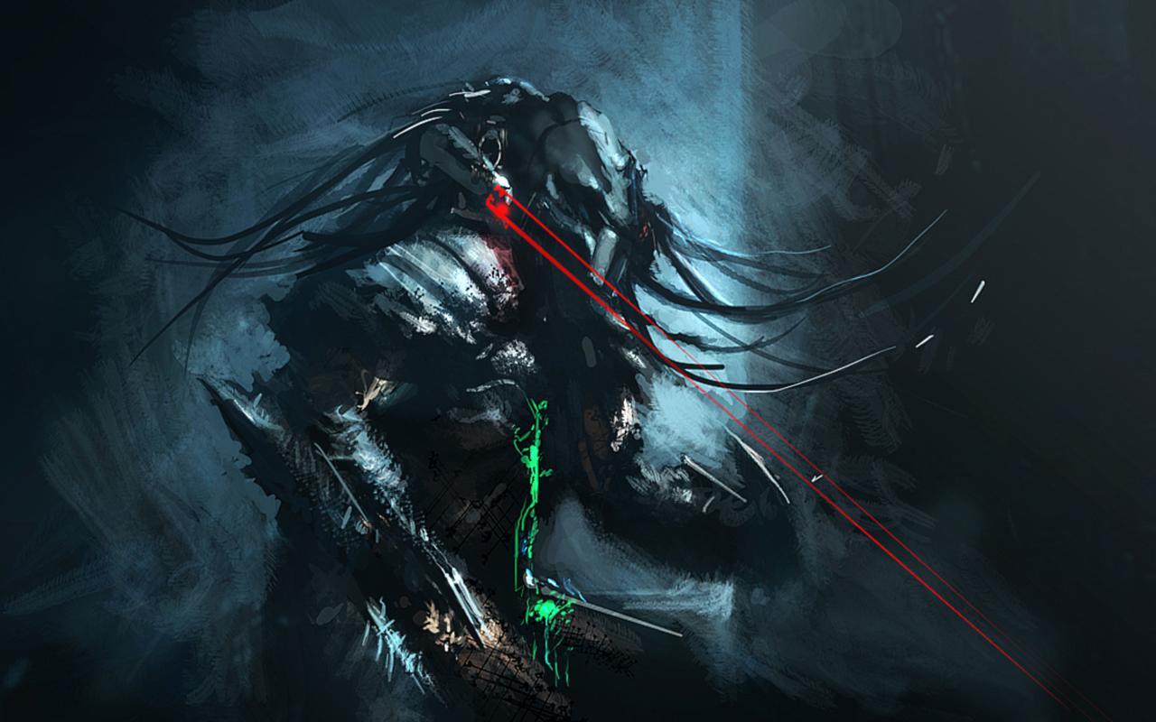 Predator, Laservisier, Klingen, Digitale Kunst, Dunkelblau, HD, Desktop-Hintergrund