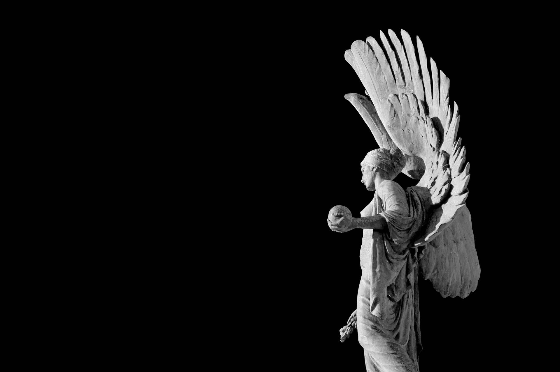 Engelsstatue, Schwarz-Weiß, Schwarzer Hintergrund, Skulptur, Full HD Wallpaper