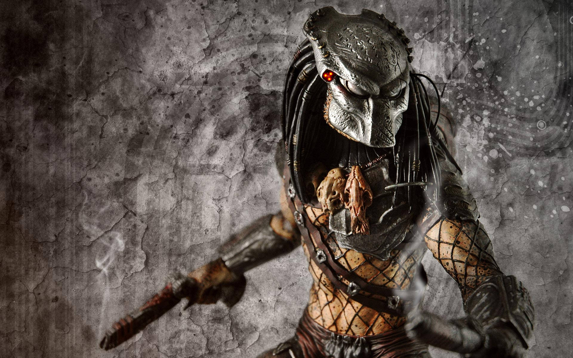 Predator, Maske, Speer, Netzrüstung, Grunge, 16:10, Full-HD-Hintergrundbild für den Desktop