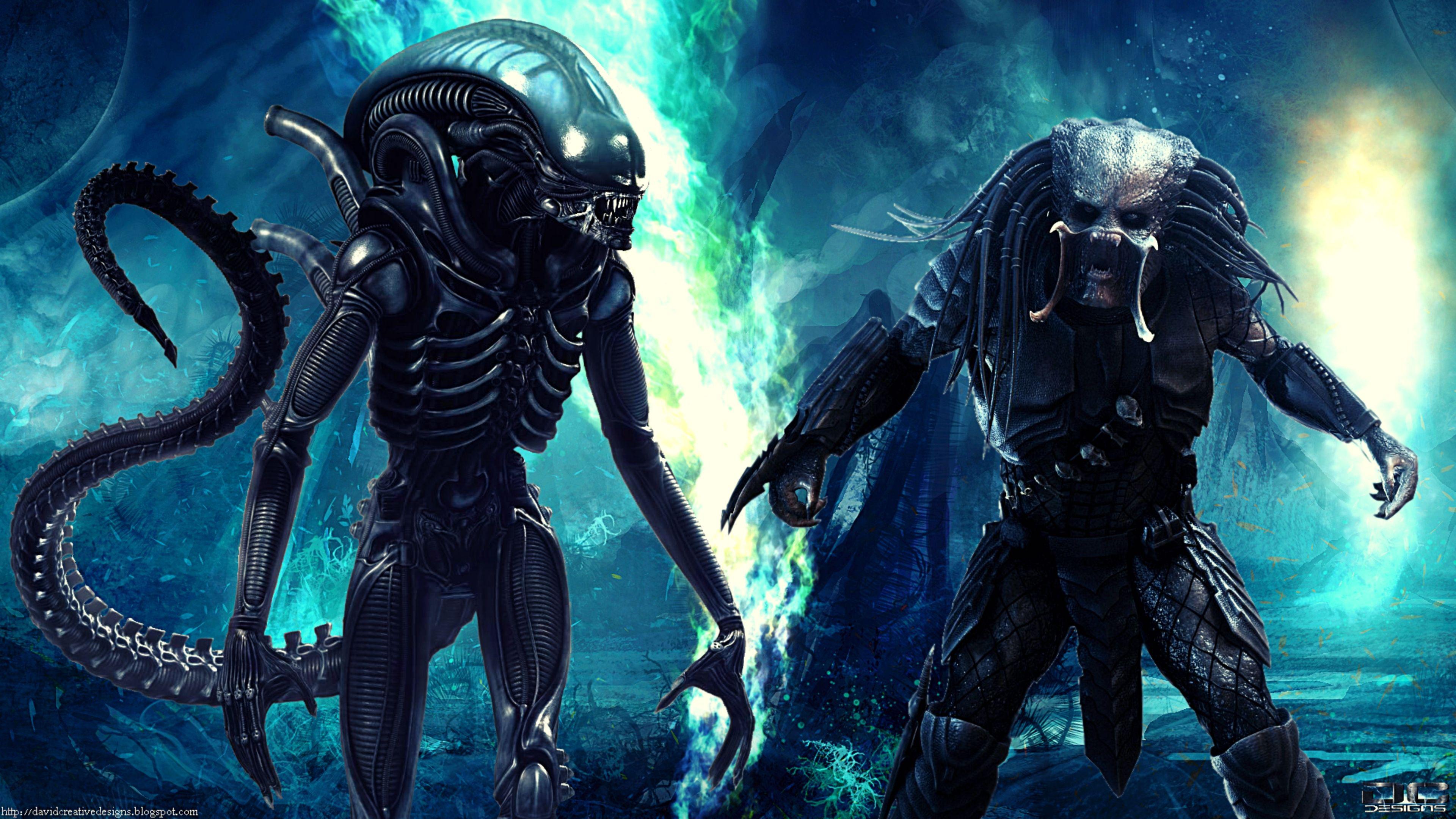 Alien vs. Predator, Xenomorph, Predator, Alien, Blaues Licht, 4K, Breitbild-Hintergrundbild