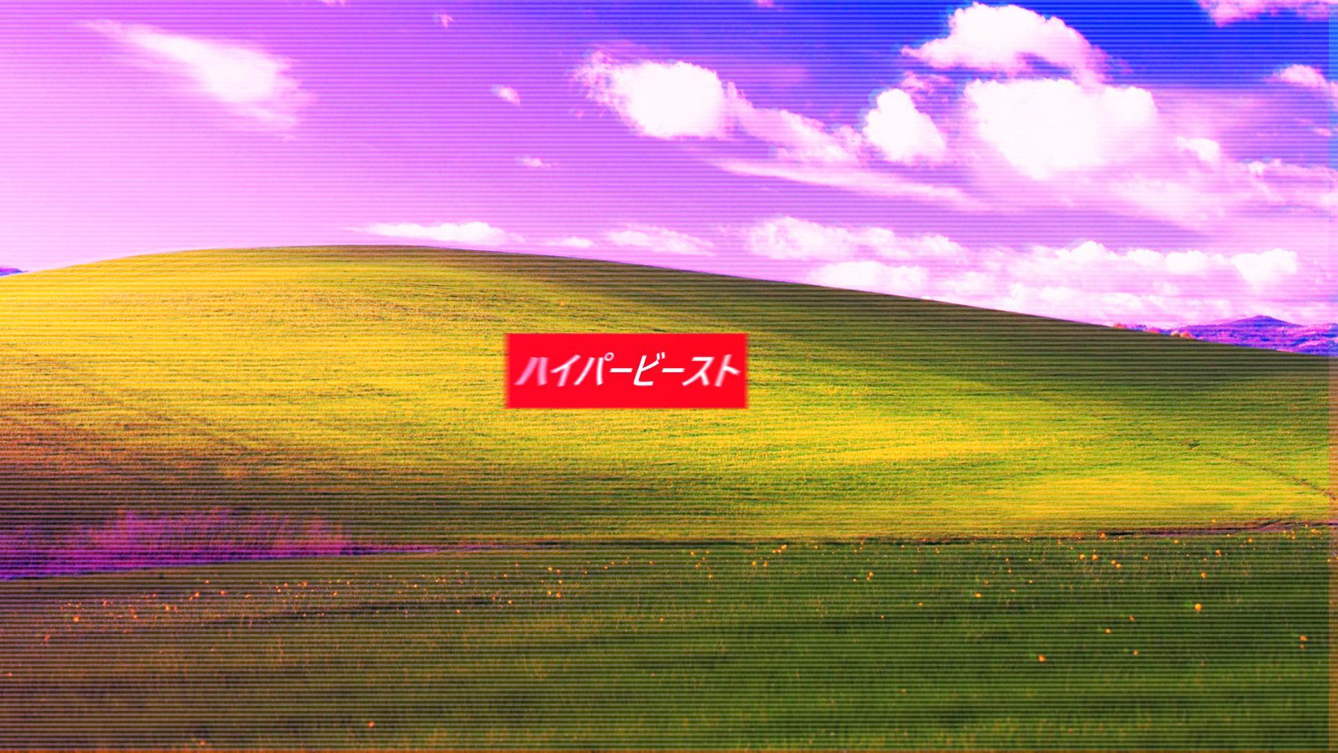 Bliss, Katakana, Vaporwave, Gelber Hügel, Lila Himmel, Full HD, Desktop-Hintergrund für Windows