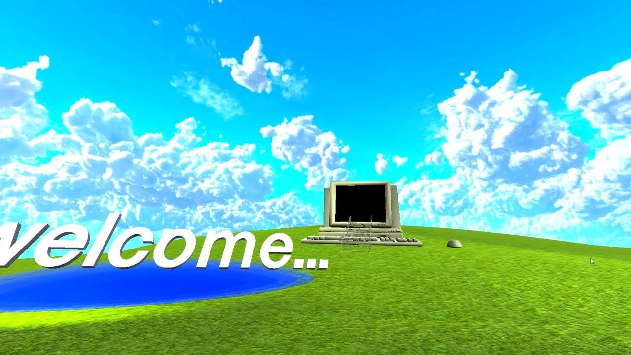 Welcome, Retro-Computer, Grüne Wiese, Wolken, Vaporwave, 3D, HD, Breitbild-Hintergrundbild
