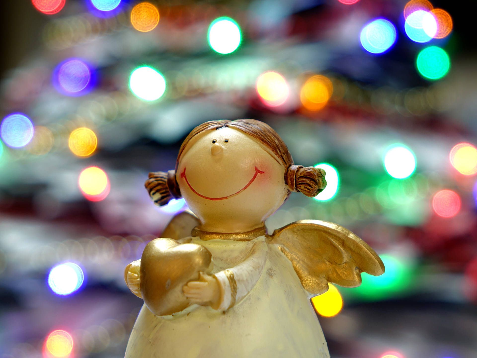 Engelsfigur, Weihnachtsdeko, Bokeh, Bunte Lichter, Niedlich, Hintergrundbild fürs iPad