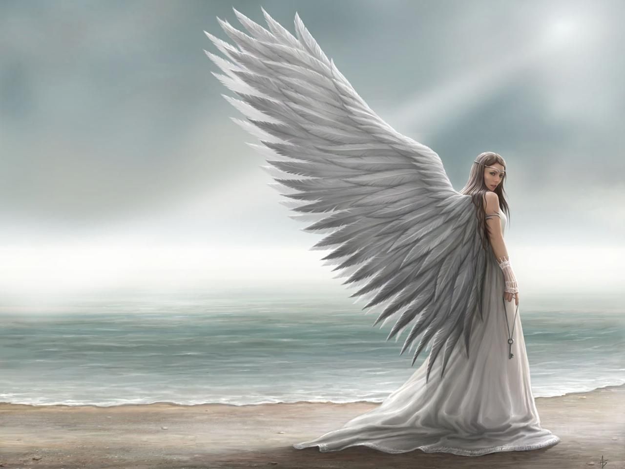 Engel, Frau, Große Flügel, Strand, Meer, Fantasy, HD, iPad-Hintergrundbild