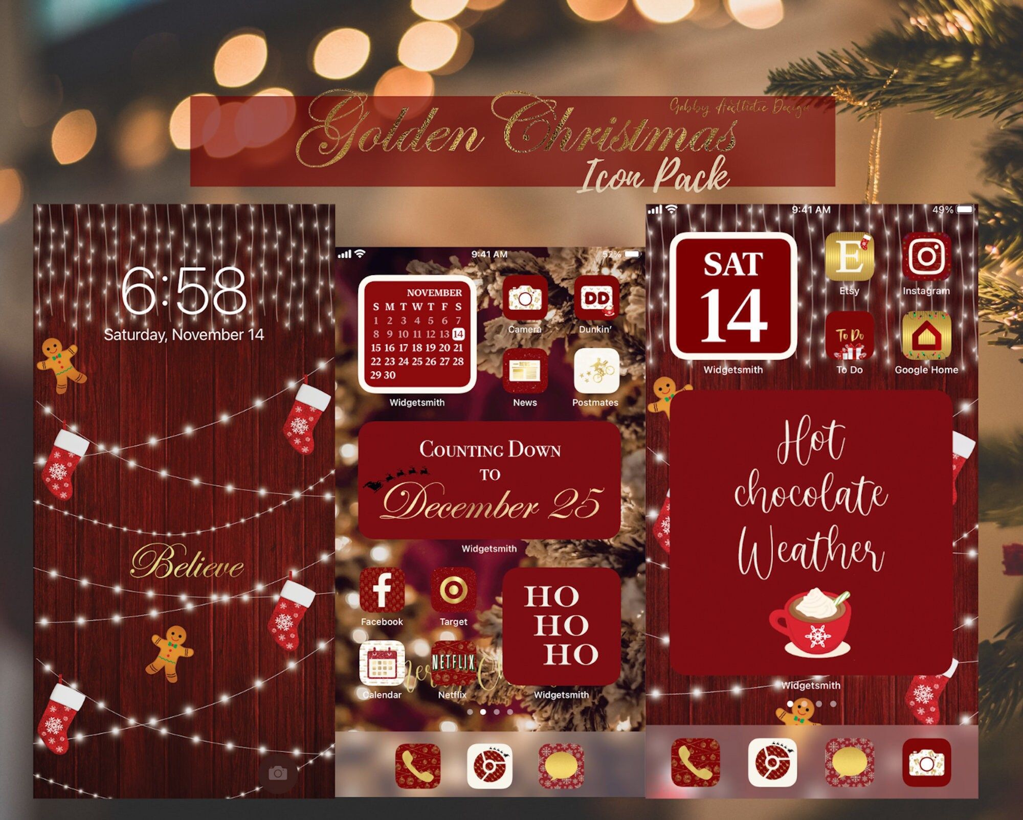 Golden Christmas, Icon-Pack, Homescreen, Rot, Lichterkette, Full HD, PC-Hintergrundbild