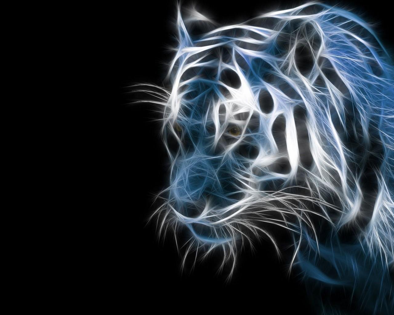 Tiger, Fraktalkunst, Leuchtlinien, Schwarzer Hintergrund, Digitale Kunst, HD Wallpaper
