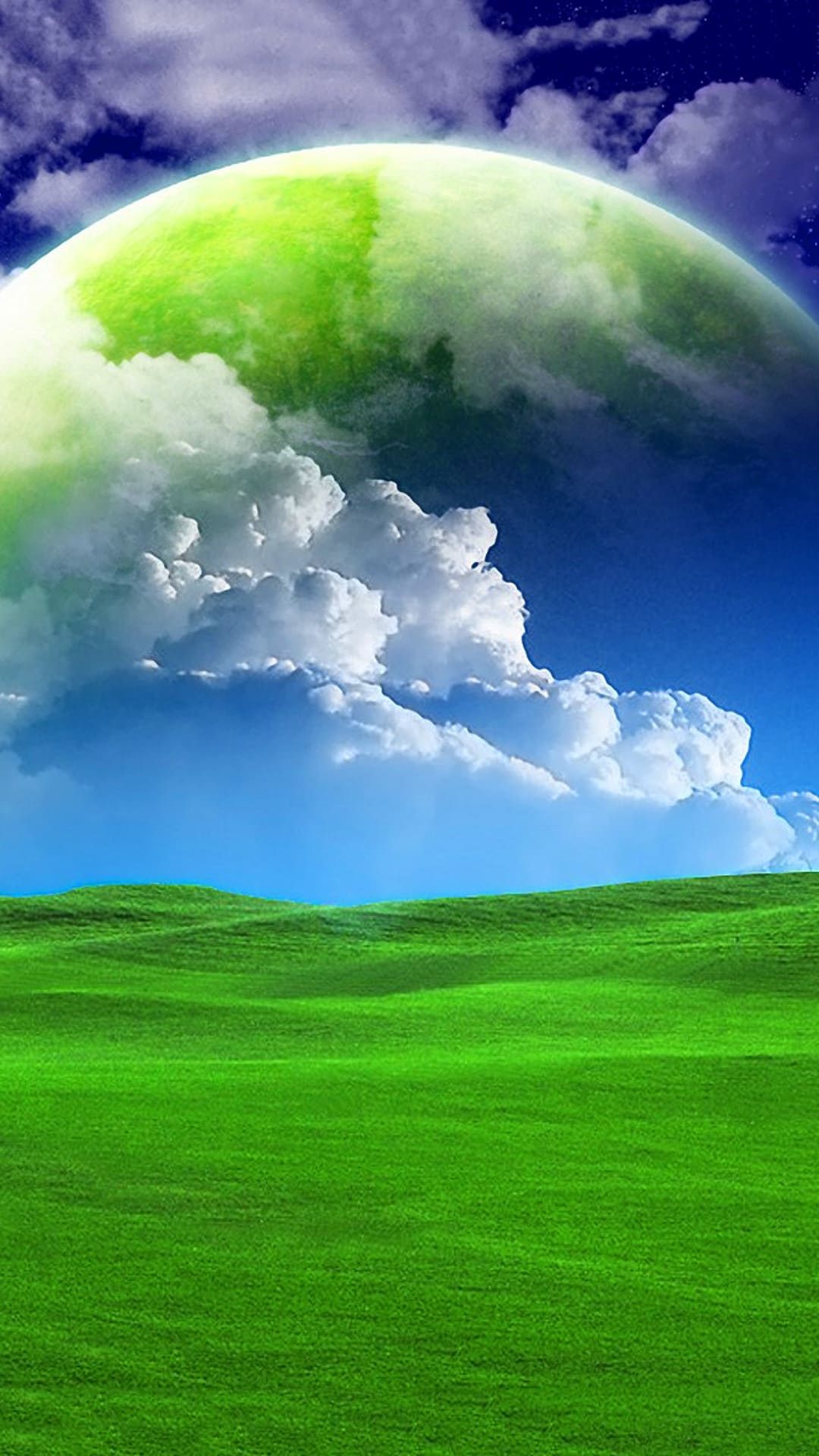 Planet, Wolken, Grüne Wiese, Hochformat, Surreal, Full HD, Hintergrundbild fürs Handy