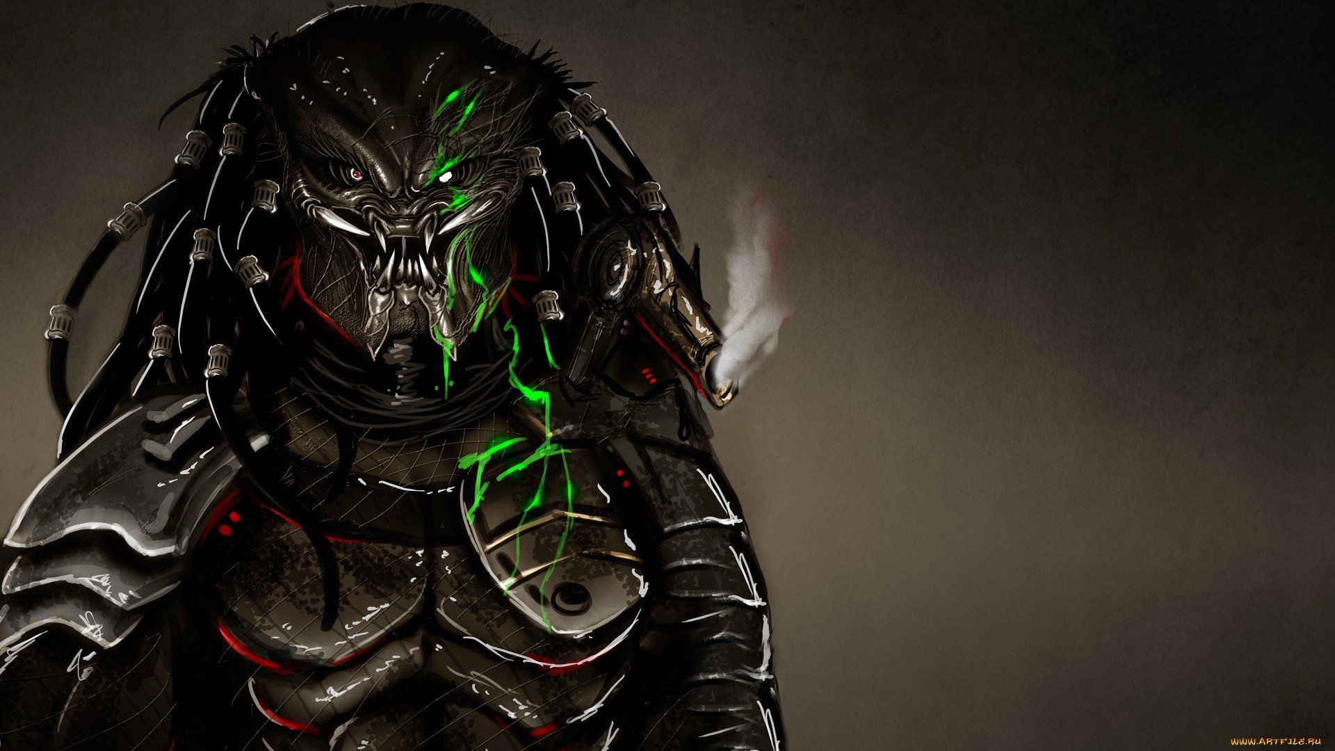 Predator, Maske, Grünes Blut, Nahaufnahme, Rauch, Full HD, Desktop-Hintergrund für Windows