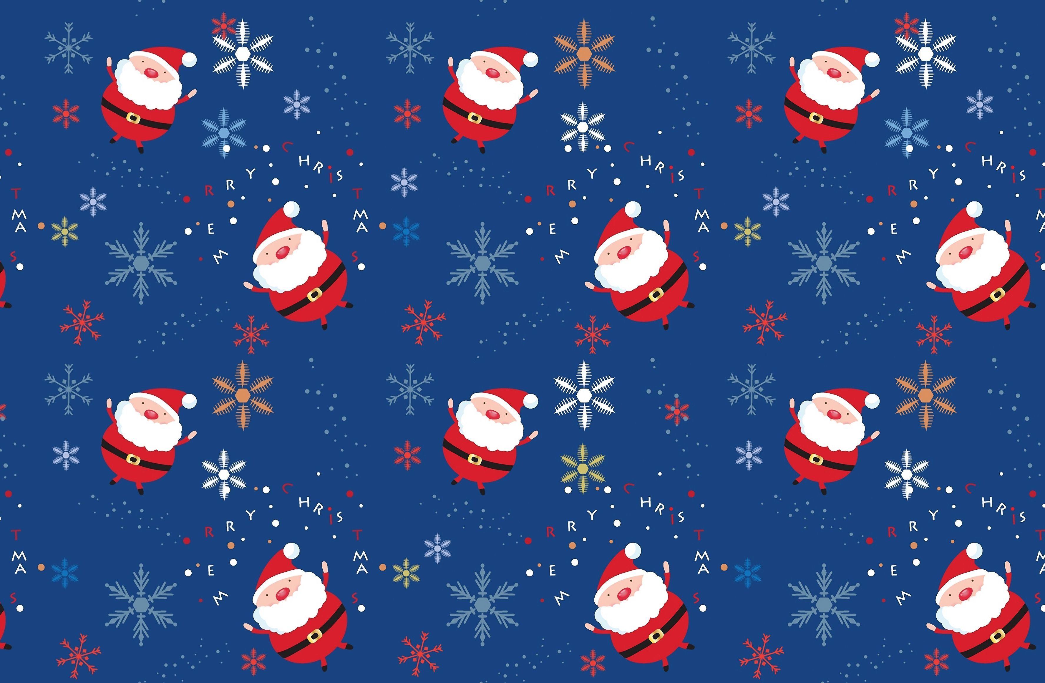 Weihnachtsmann, Muster, Schneeflocken, Blauer Hintergrund, Cartoon, 2K Wallpaper