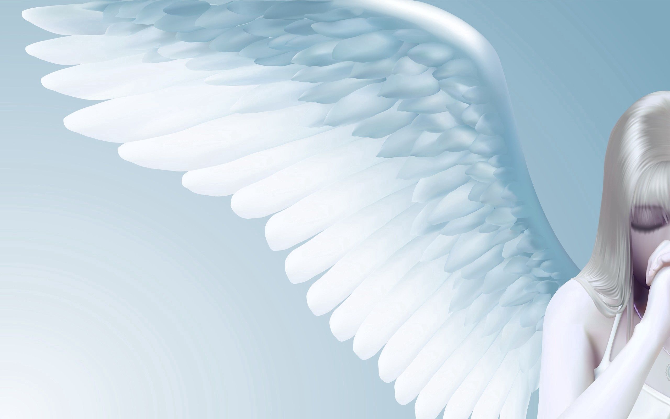 Engelsflügel, Frau, Weiße Haare, Hellblau, Digitale Kunst, 2K, Desktop-Hintergrund
