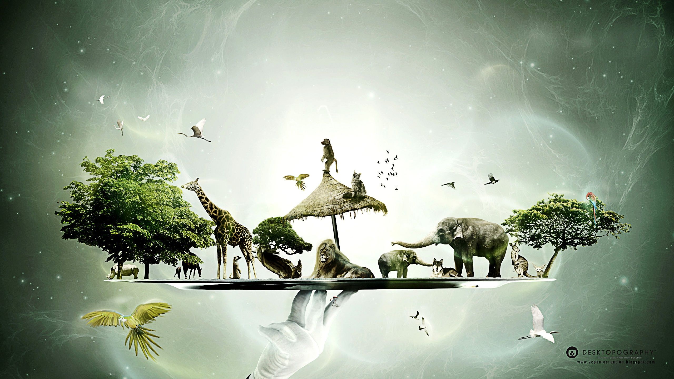 Schwebende Insel, Giraffen, Elefanten, Surreal, Fotomontage, 2K, Windows-Hintergrundbild