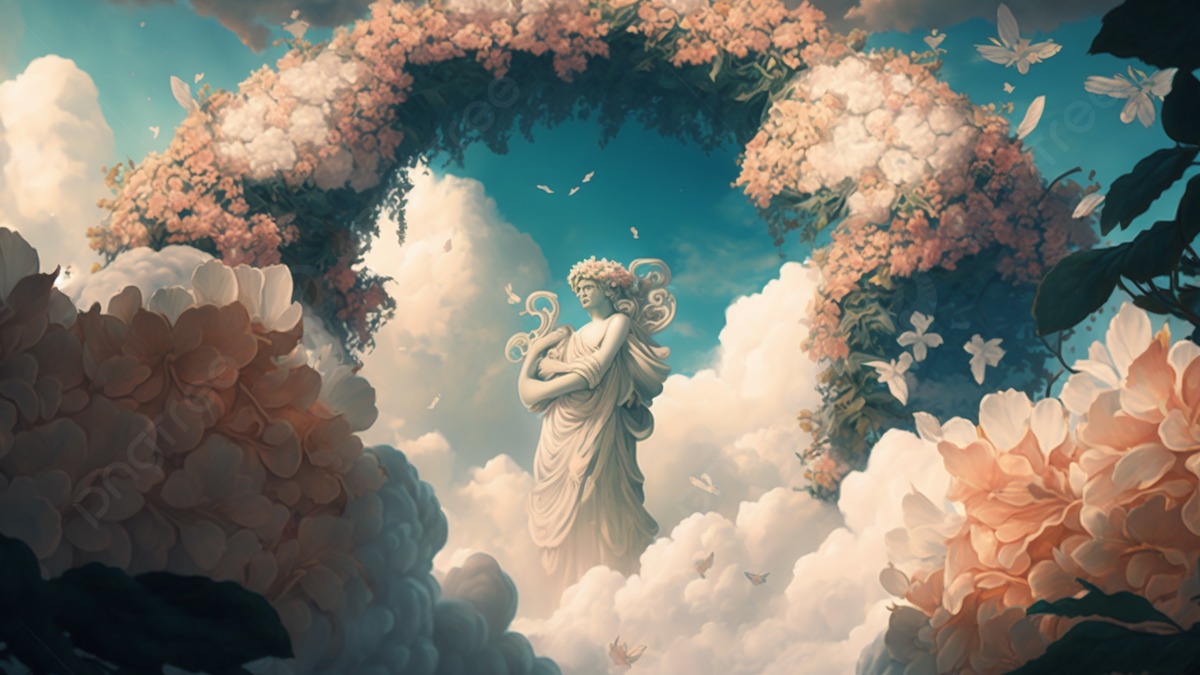Engel, Blumenbogen, Wolken, Fantasy-Kunst, Pastellfarben, Hintergrundbild