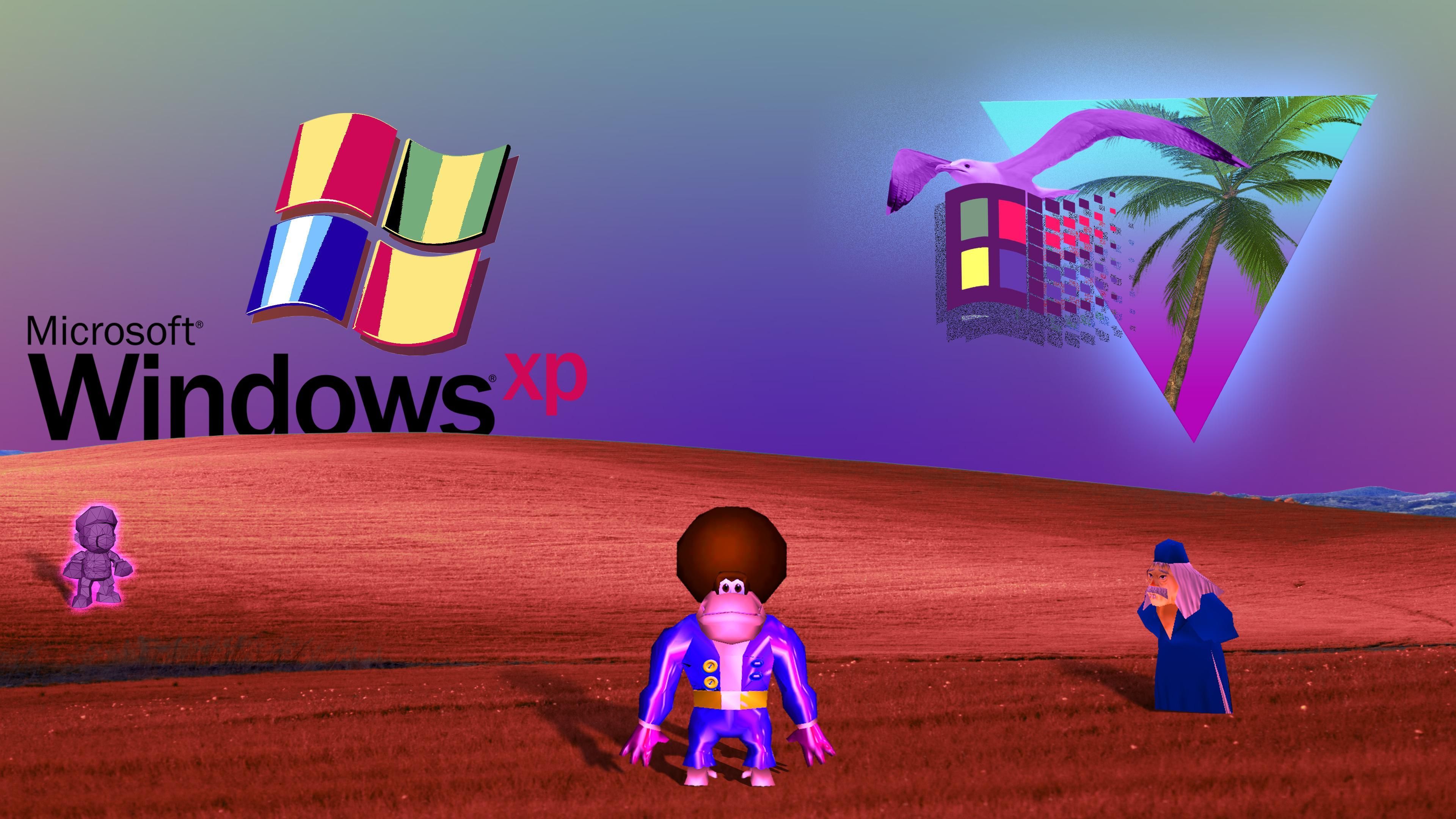 Windows XP, Windows-Logo, Vaporwave, Palme, Figuren, Rote Wüste, 4K-Hintergrundbild für PC