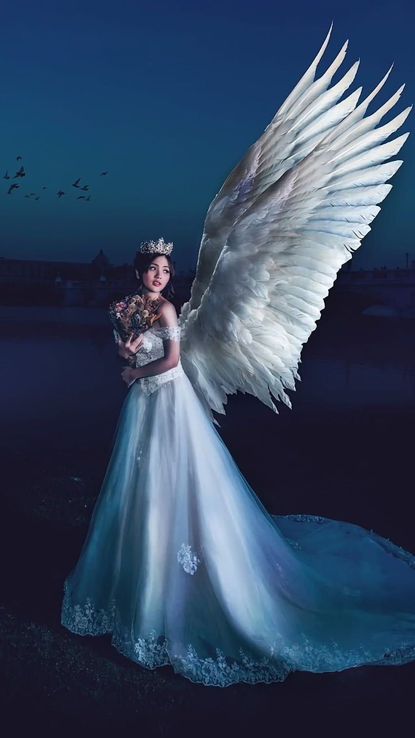 Engel, Frau, Krone, Weißes Kleid, Nacht, HD, Hintergrundbild fürs Handy
