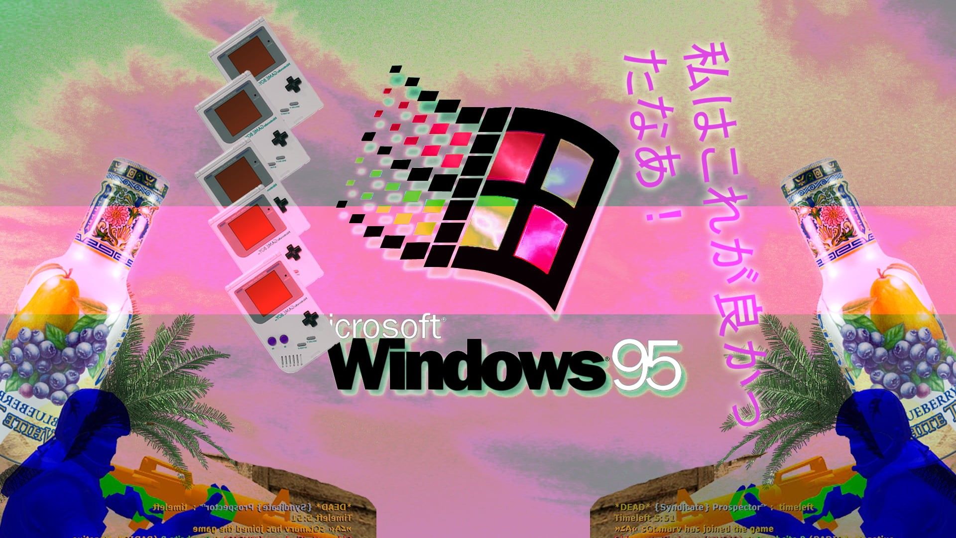 Windows 95, Vaporwave, Windows-Logo, Japanische Schrift, Collage, Full HD, Breitbild-Hintergrundbild