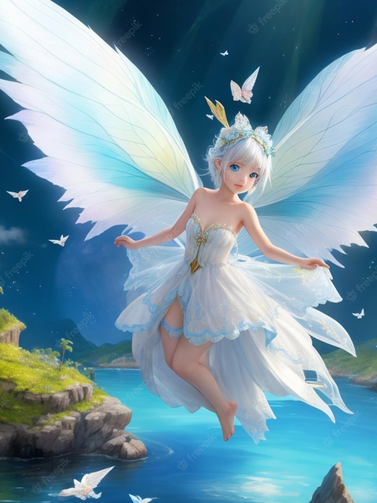 Engel, Anime-Stil, Schmetterlinge, Wasser, Fantasy, QHD+, Hintergrundbild fürs Tablet