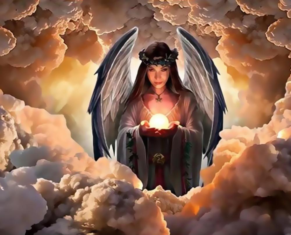 Engel, Frau, Leuchtkugel, Wolken, Fantasy, Warmes Licht, Hintergrundbild