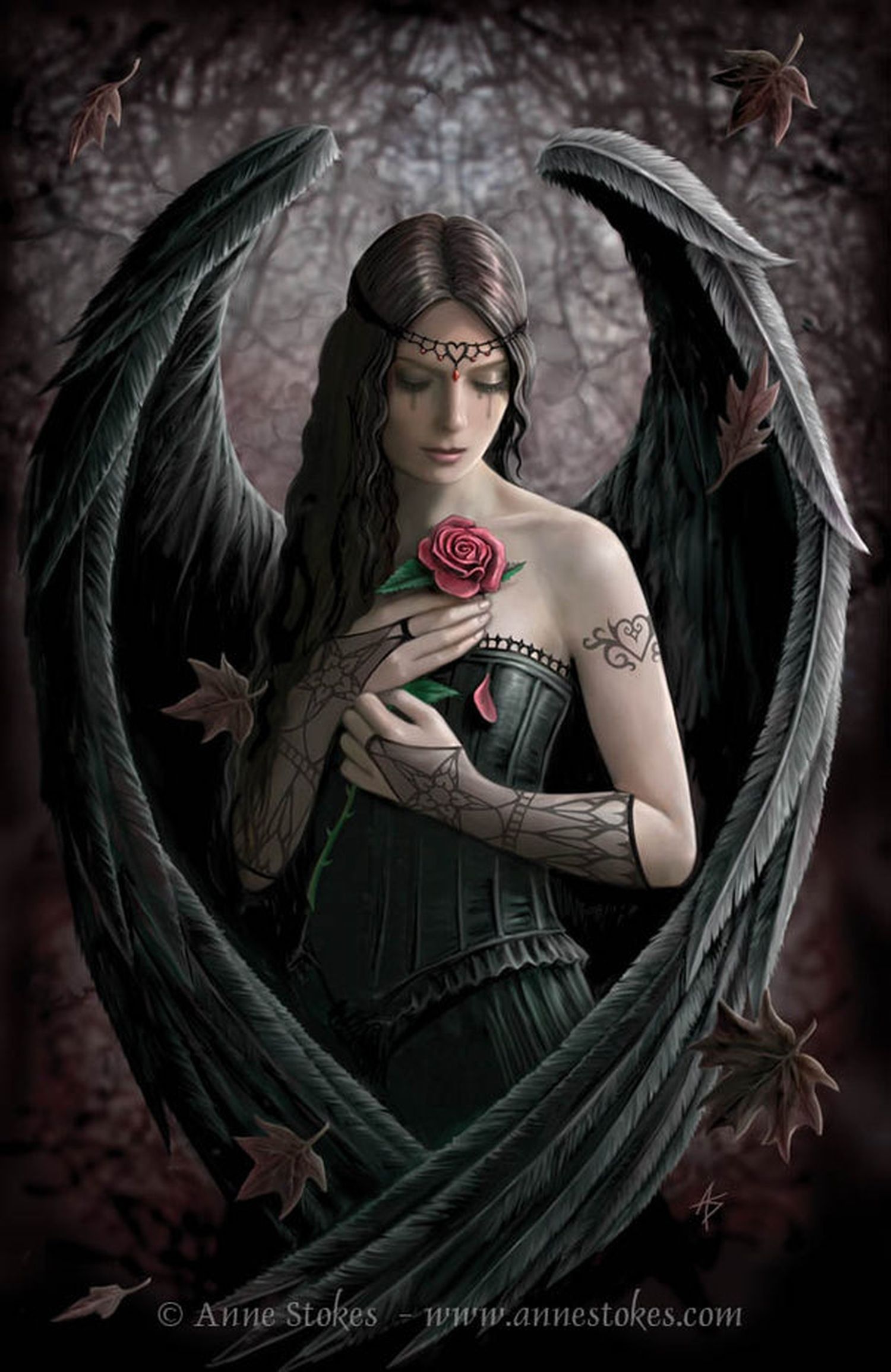 Anne Stokes, Gothic-Engel, Rose, Schwarze Flügel, Fantasy, QHD+, iPhone-Hintergrundbild