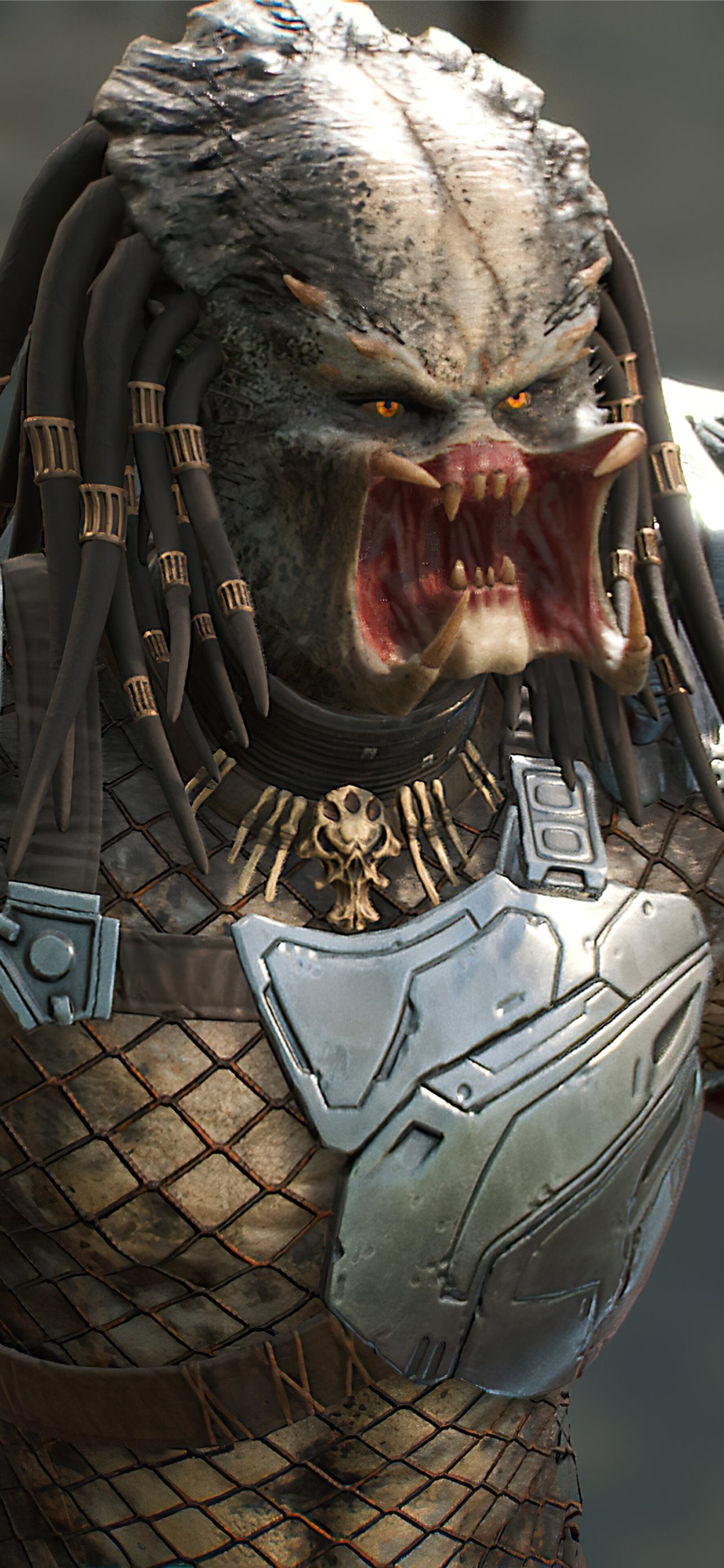 Predator, Maske, Netzrüstung, Nahaufnahme, Grauer Hintergrund, Sperrbildschirm fürs iPhone
