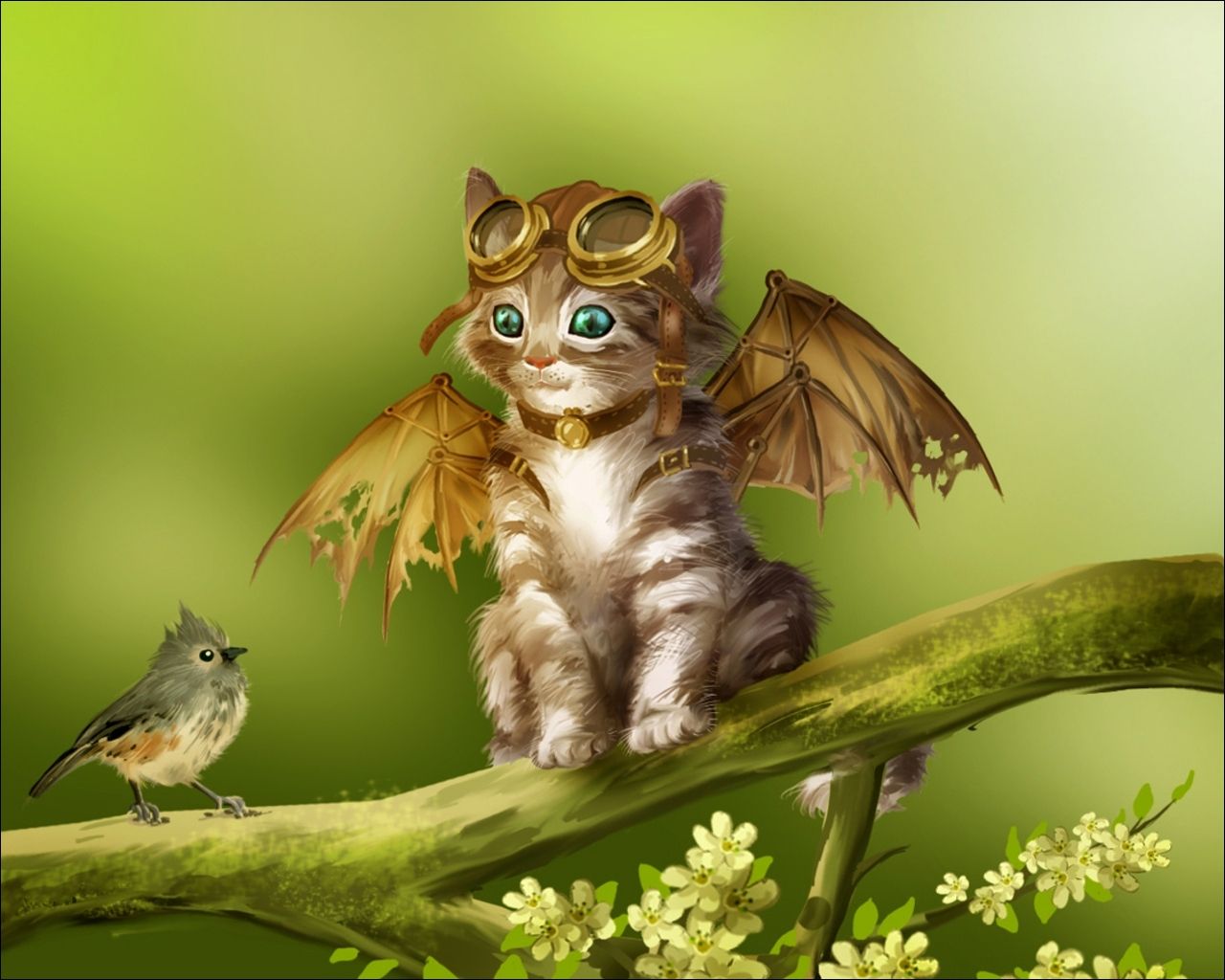 Fantasy-Katze, Drachenflügel, Vogel, Ast, Digitale Kunst, HD, PC-Hintergrundbild