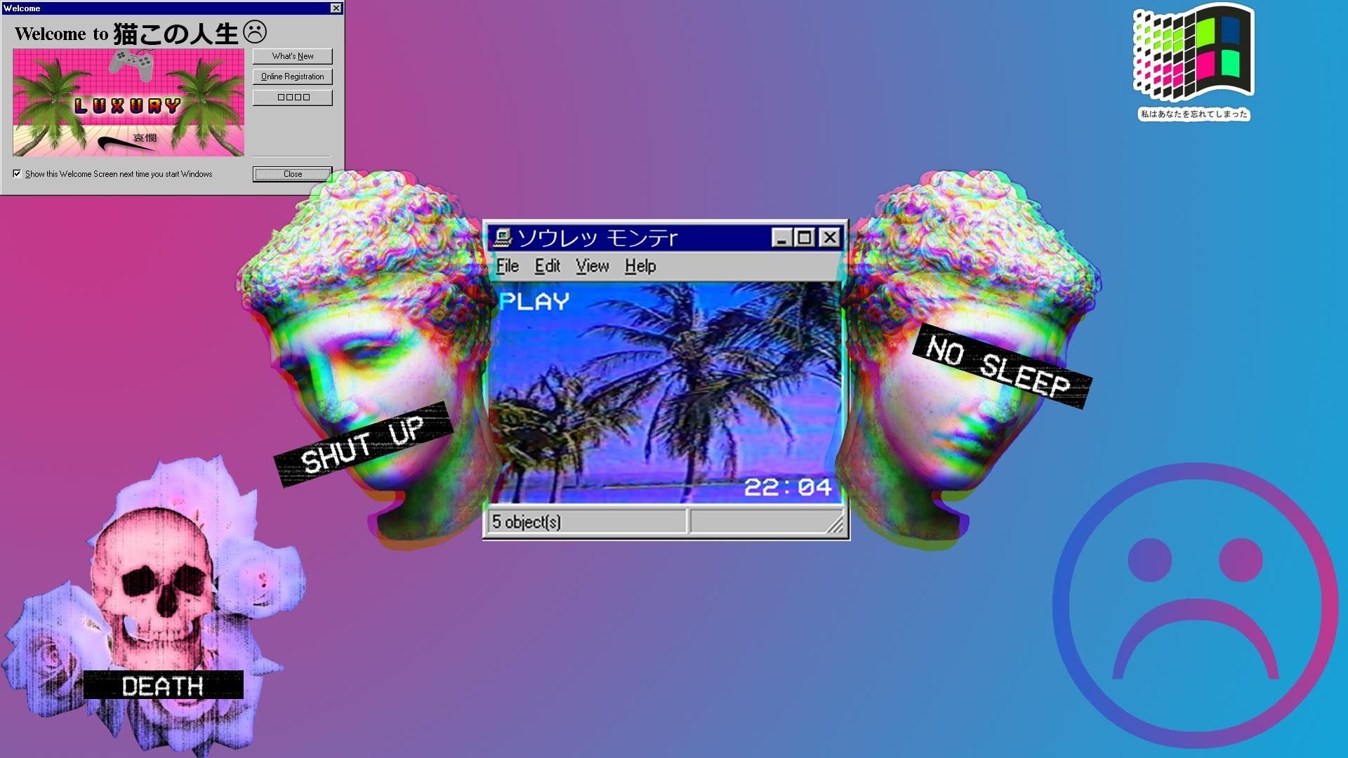 Vaporwave, Statuen, Totenkopf, Retro-Fenster, Trauriger Smiley, Collage, Full HD, Laptop-Hintergrundbild
