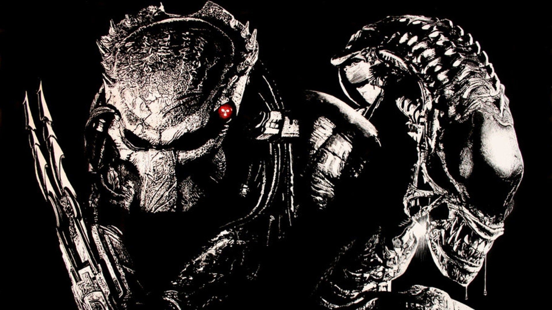 Alien vs. Predator, Predator, Xenomorph, Schwarz-Weiß, Klingen, Full HD, Breitbild-Hintergrundbild