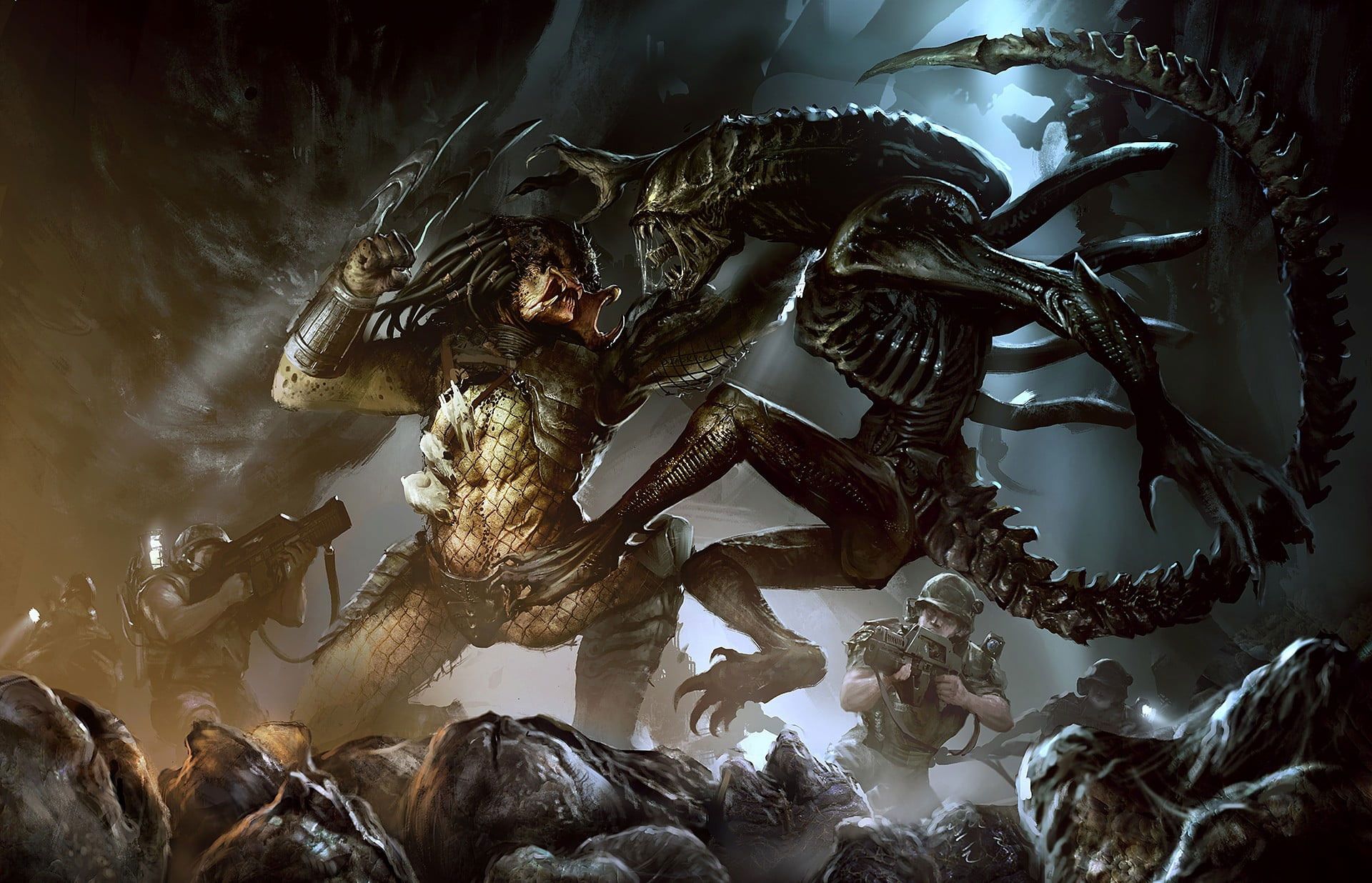 Alien vs. Predator, Xenomorph, Predator, Totenschädel, Kampf, Full HD, Windows-Hintergrundbild