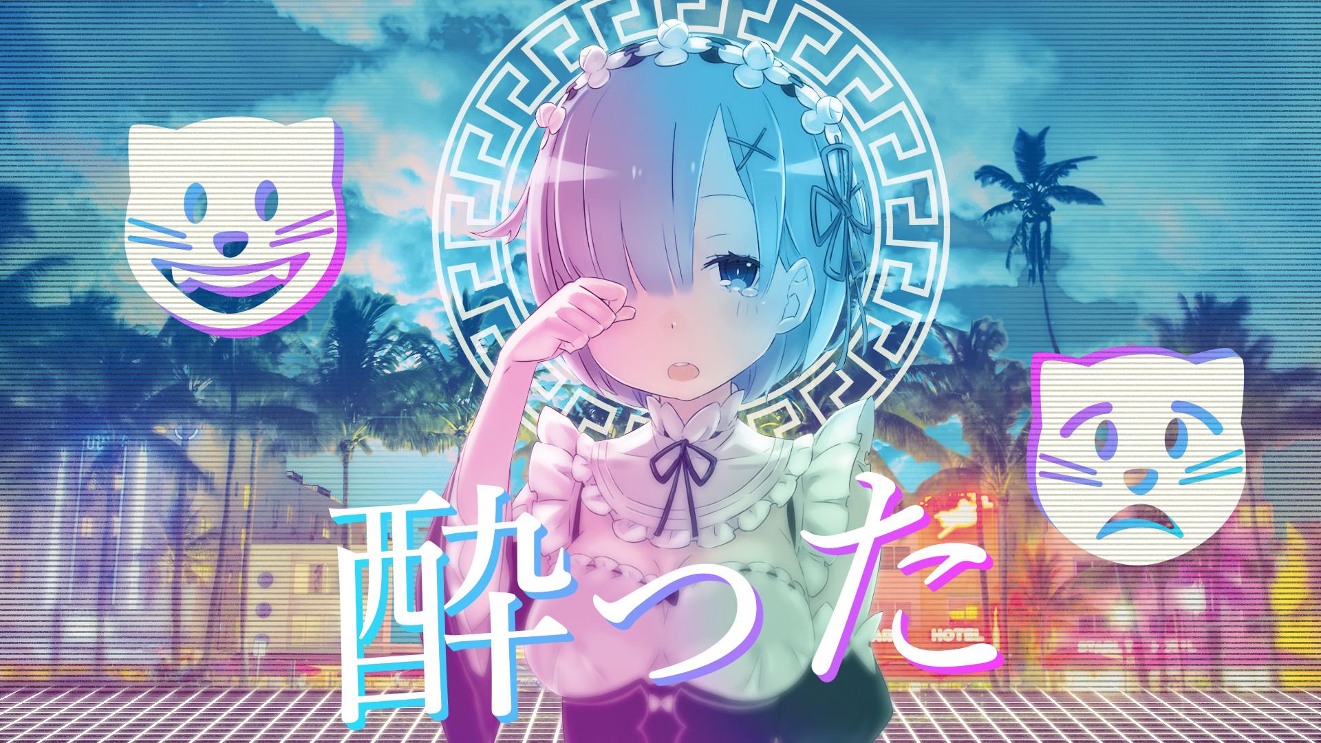 Rem, Re:Zero, Vaporwave, Kanji, Palmen, Katzenmasken, 1920x1080, Full-HD-Hintergrundbild für PC