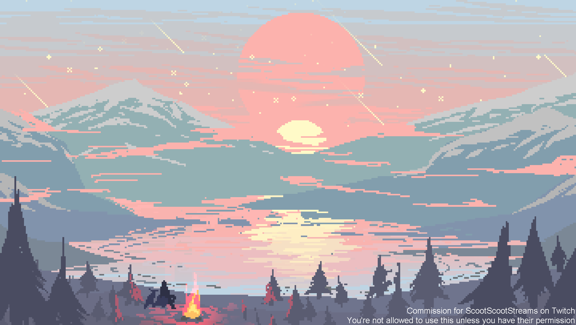 Pixel Art, Berge, Sonnenuntergang, Lagerfeuer, Stream-Szene, Full HD, Laptop-Hintergrundbild