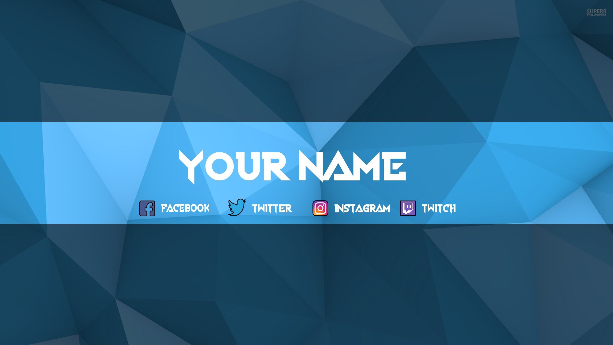 Kanal-Banner, Your Name, Social-Media-Icons, Polygon, Blau, 2560x1440, Desktop-Hintergrund