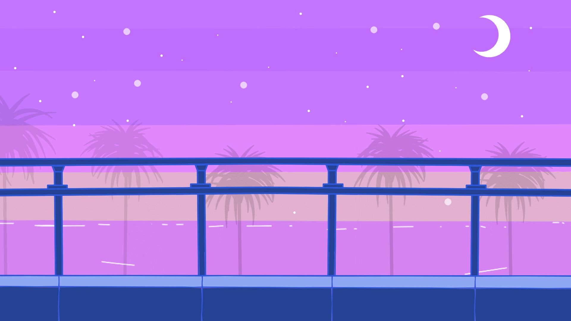 Pixel Art, Palmen, Geländer, Mondsichel, Lila Himmel, Full HD 1080p, Desktop-Hintergrundbild