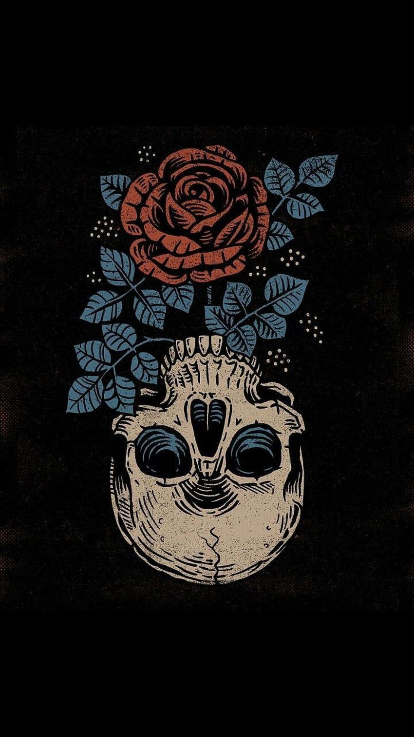 Totenkopf, Rose, Illustration, Schwarzer Hintergrund, Tattoo-Stil, Sperrbildschirm fürs iPhone