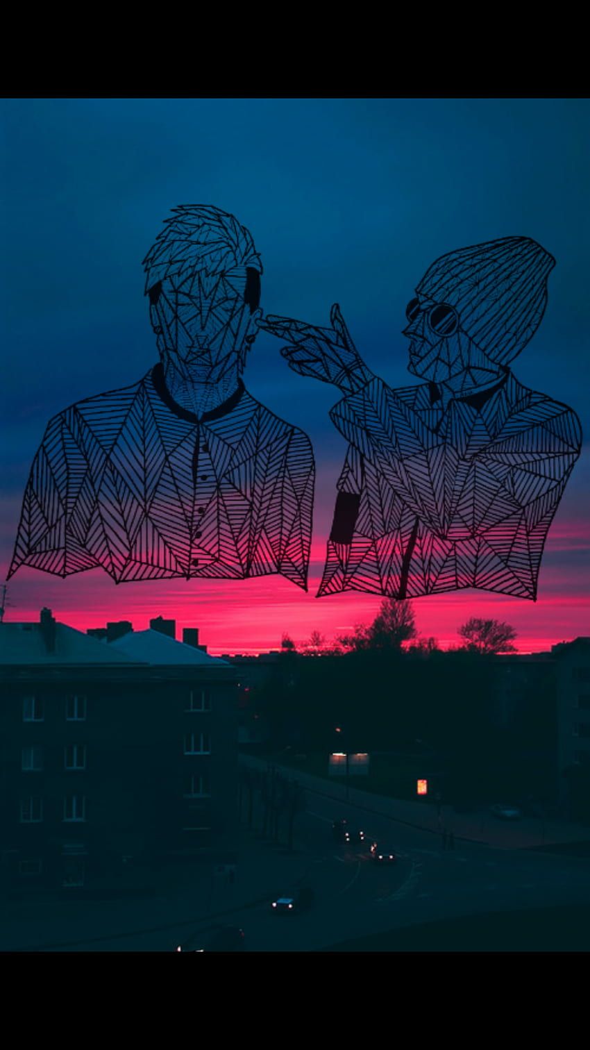 Strichzeichnung, Paar, Sonnenuntergang, Neonpink, Nacht, HD, Handy-Hintergrund
