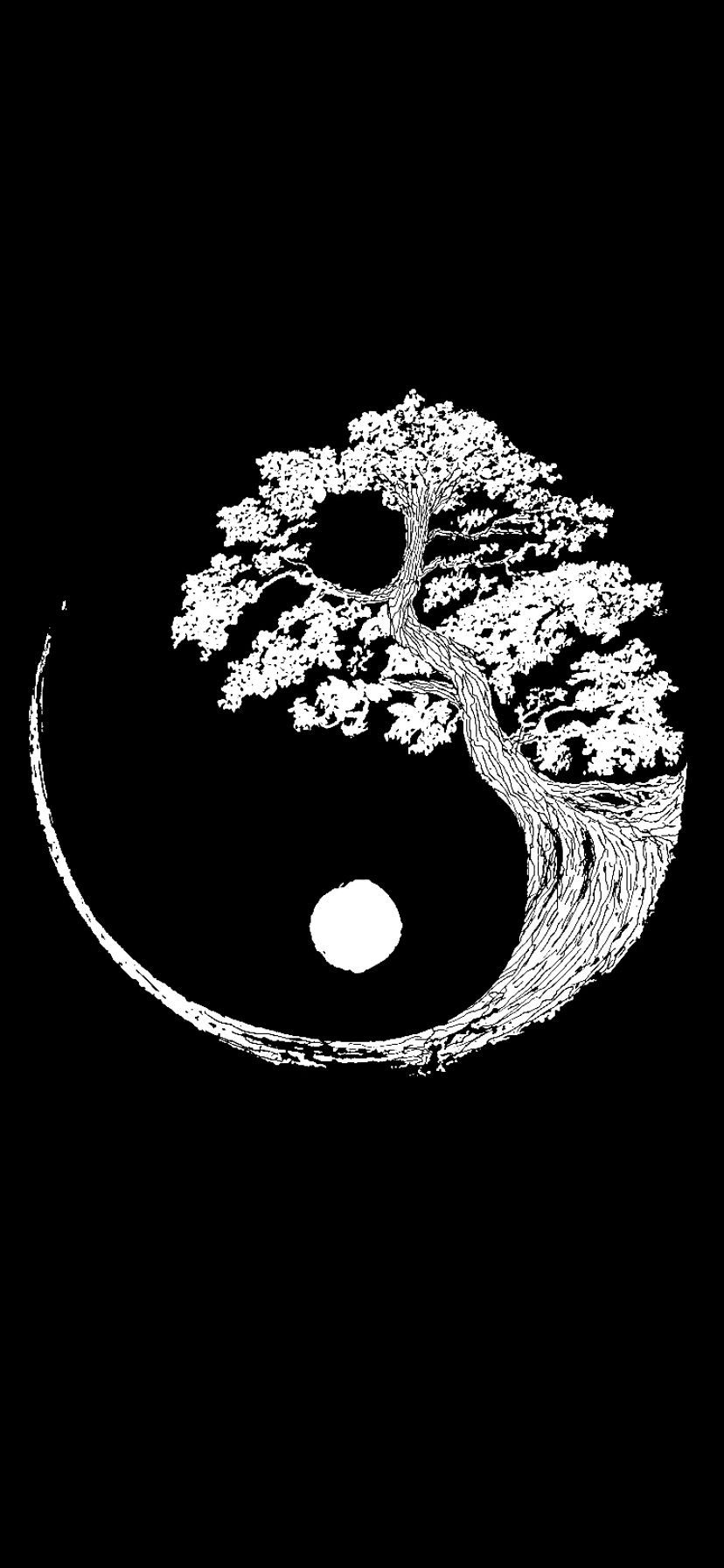 Yin und Yang, Bonsai-Baum, Halbmond, Schwarz-Weiß, Illustration, Hintergrundbild fürs Handy