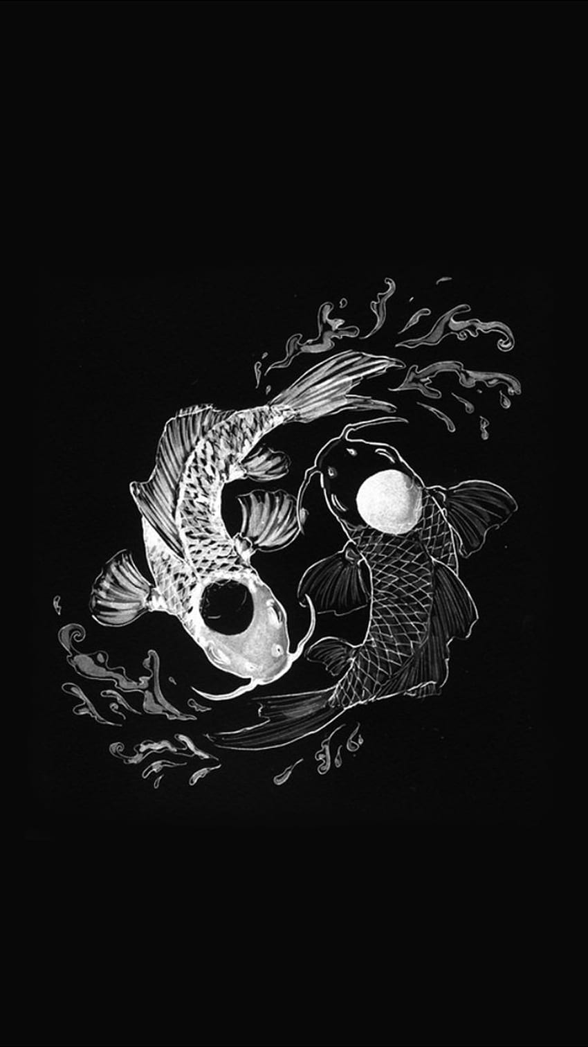Yin und Yang, Koi-Karpfen, Schwarzer Hintergrund, Linienkunst, Sperrbildschirm fürs iPhone