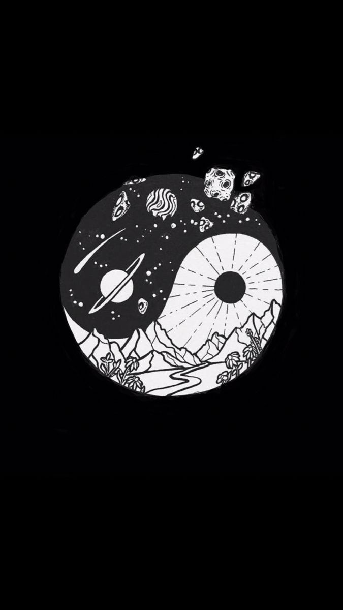 Yin und Yang, Planeten, Weltall, Berge, Strichzeichnung, Android-Hintergrundbild