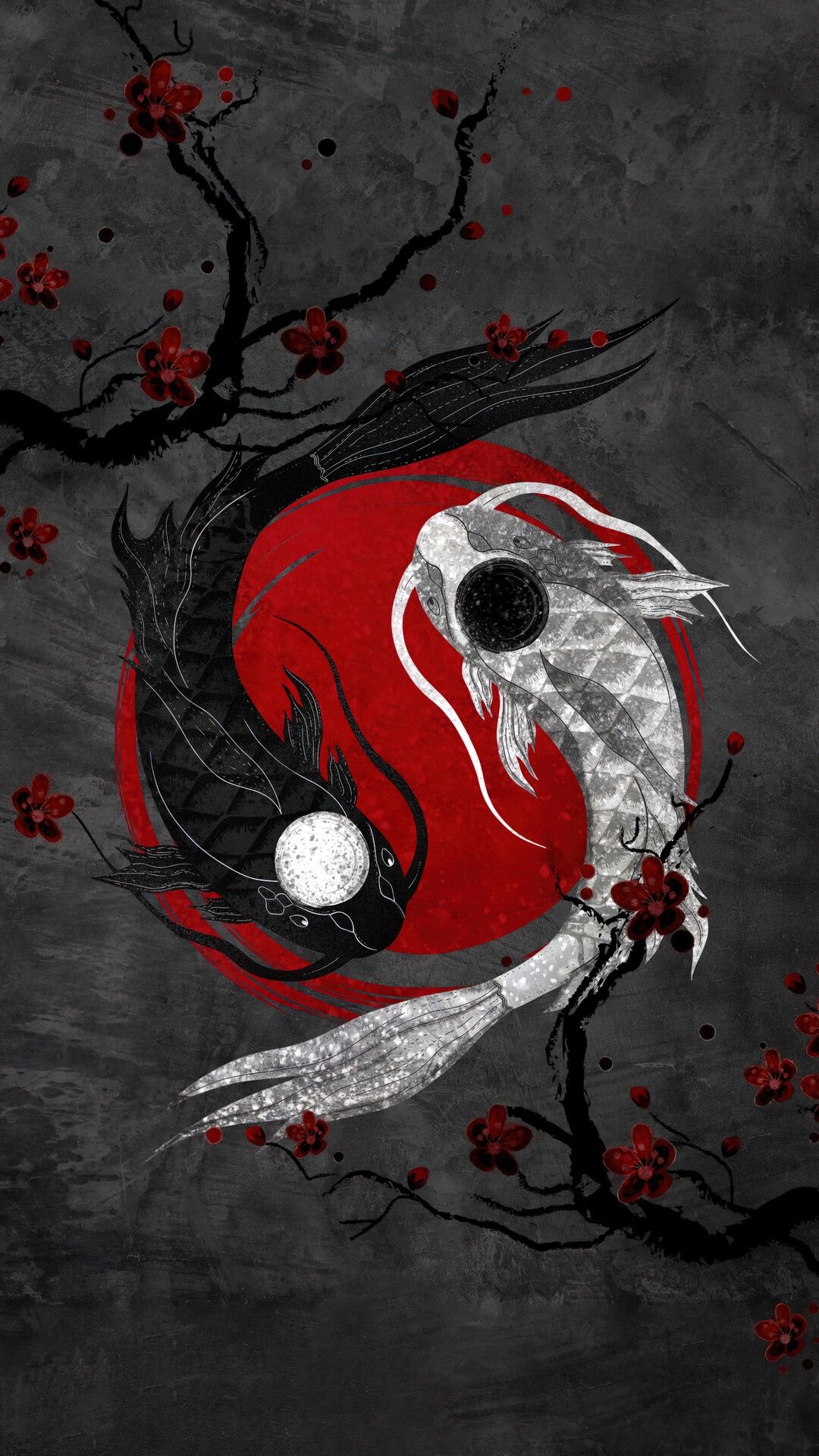 Yin und Yang, Koi-Karpfen, Kirschblüten, Rot, Asiatische Kunst, Full HD, Handy-Hintergrundbild