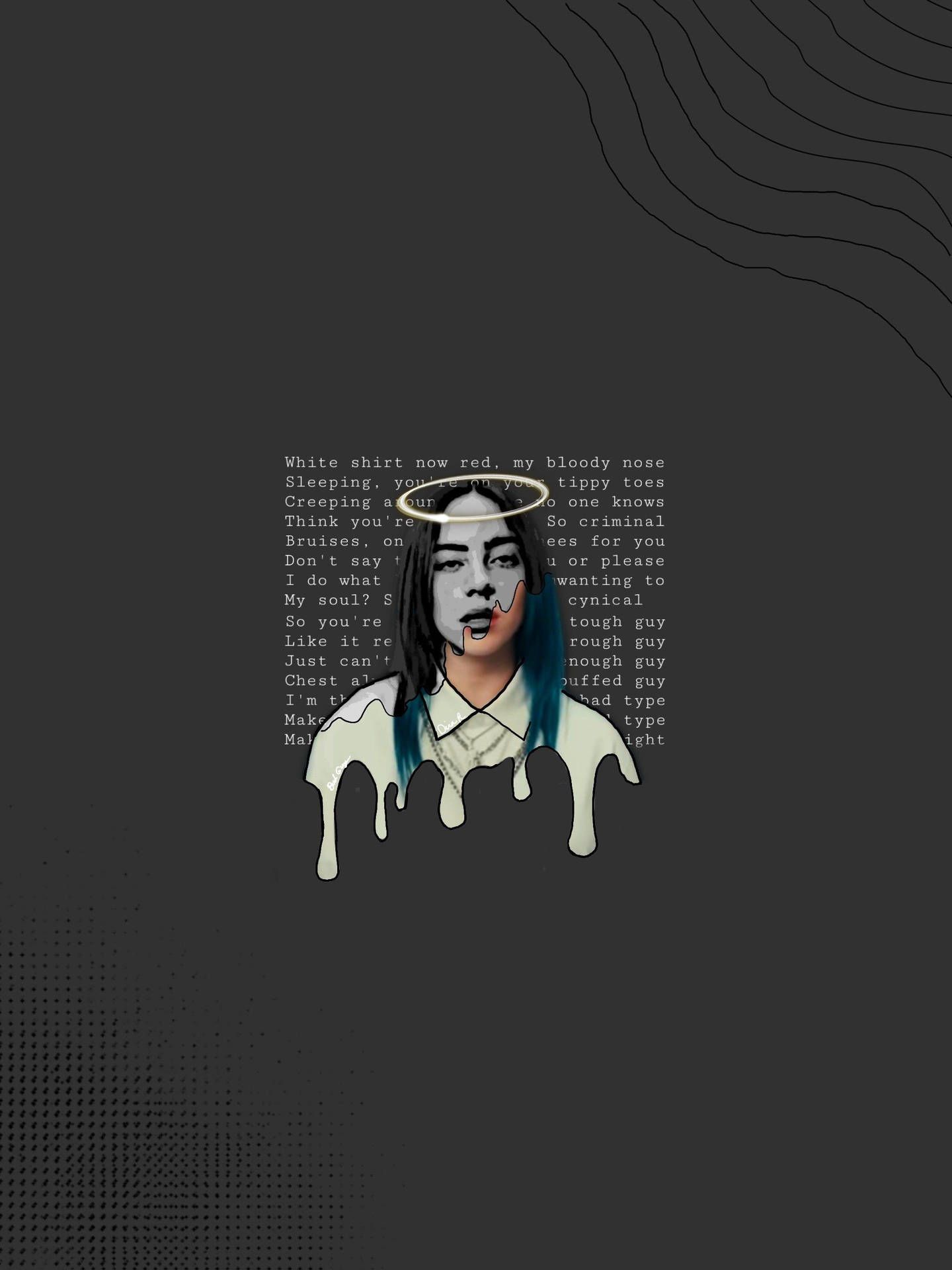 Billie Eilish, Heiligenschein, Illustration, Grauer Hintergrund, Blaue Haare, QHD+ Wallpaper